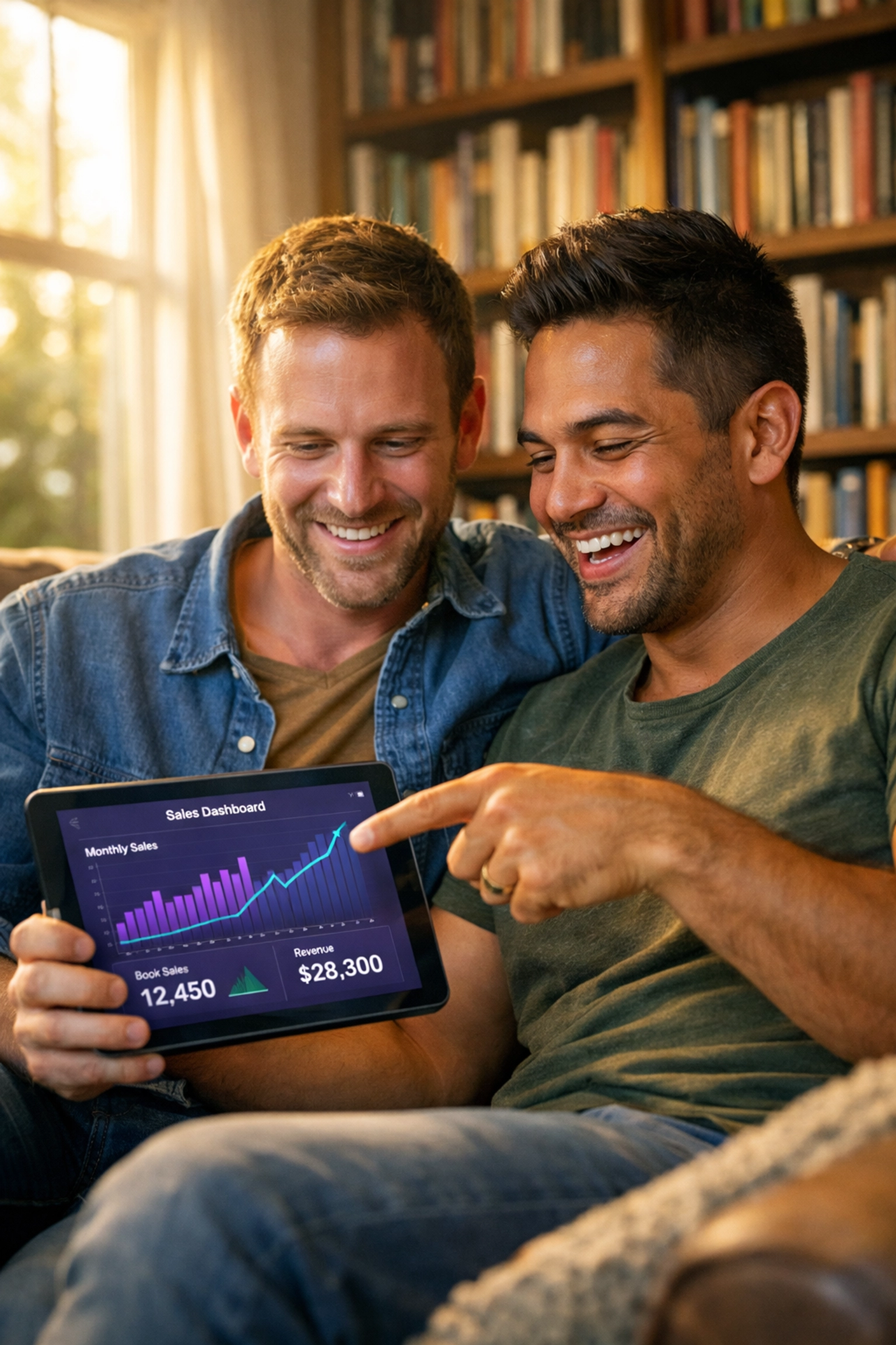 Gay couple celebrating MM romance book sales on tablet at home