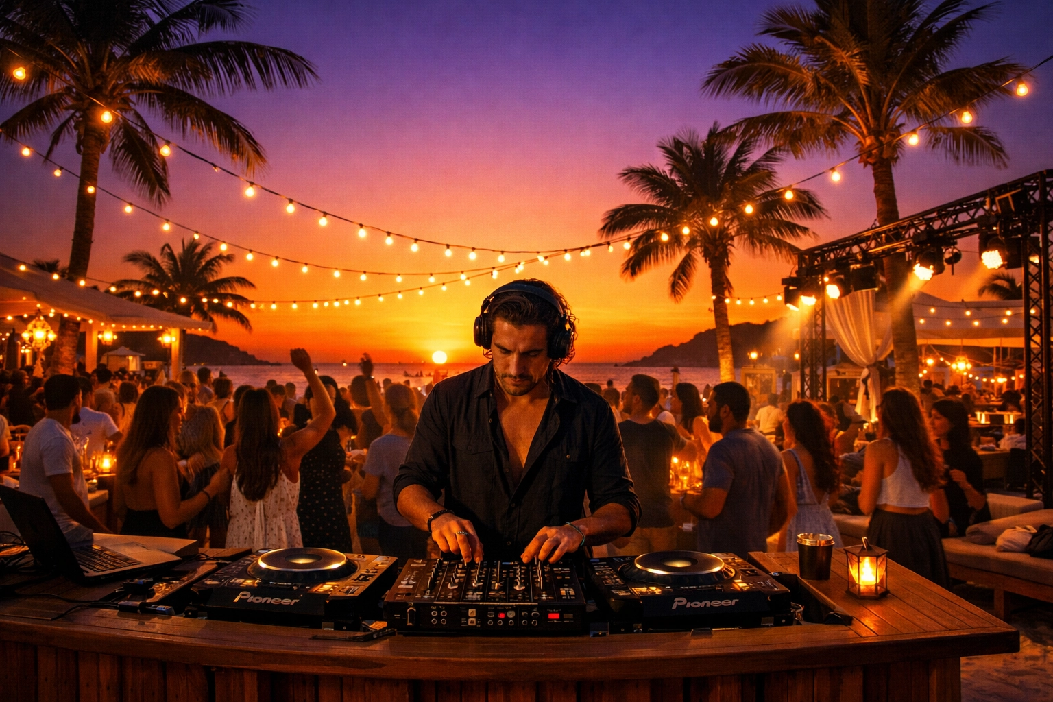 A DJ performs a vibrant Afro House set at an upscale Ibiza beach club during a sunset party.