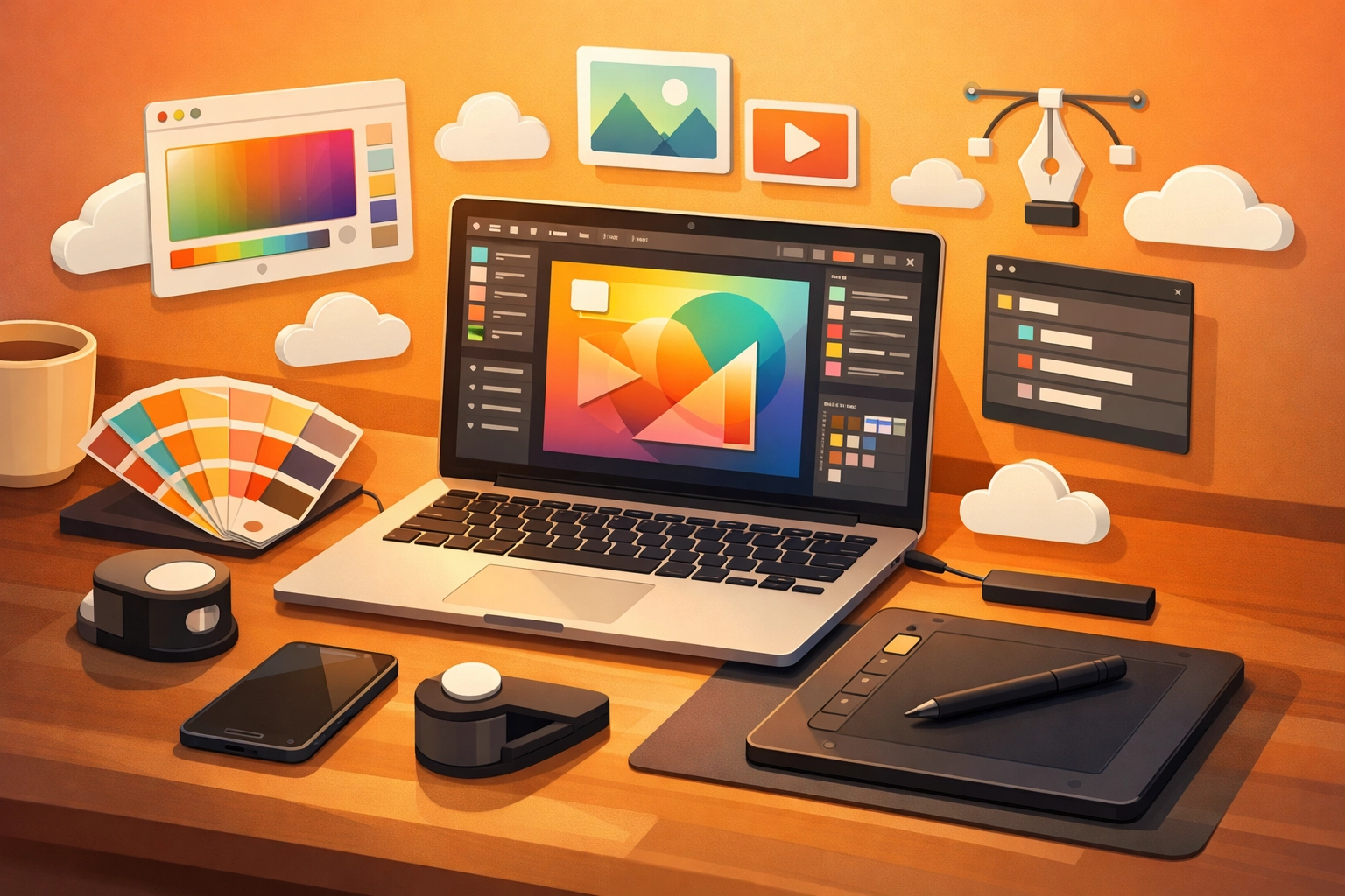 Print design workspace with laptop, design software, and digital production tools