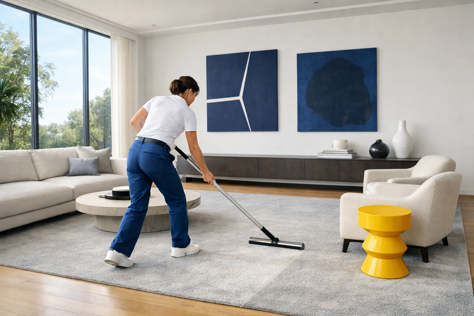 Professional cleaner using a long-handled squeegee to remove pet hair from a large living room area rug.