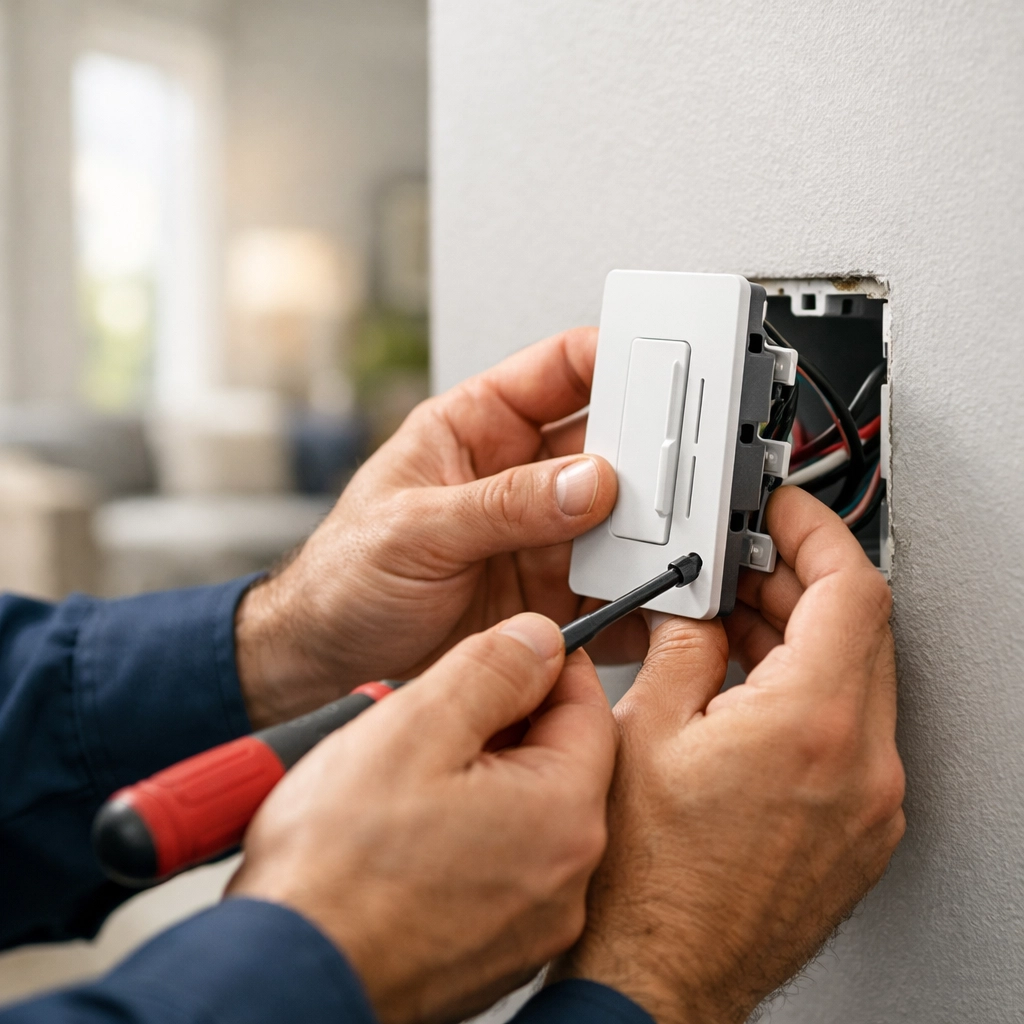 Expert electricians in Maine installing smart home switches to help improve residential energy efficiency.