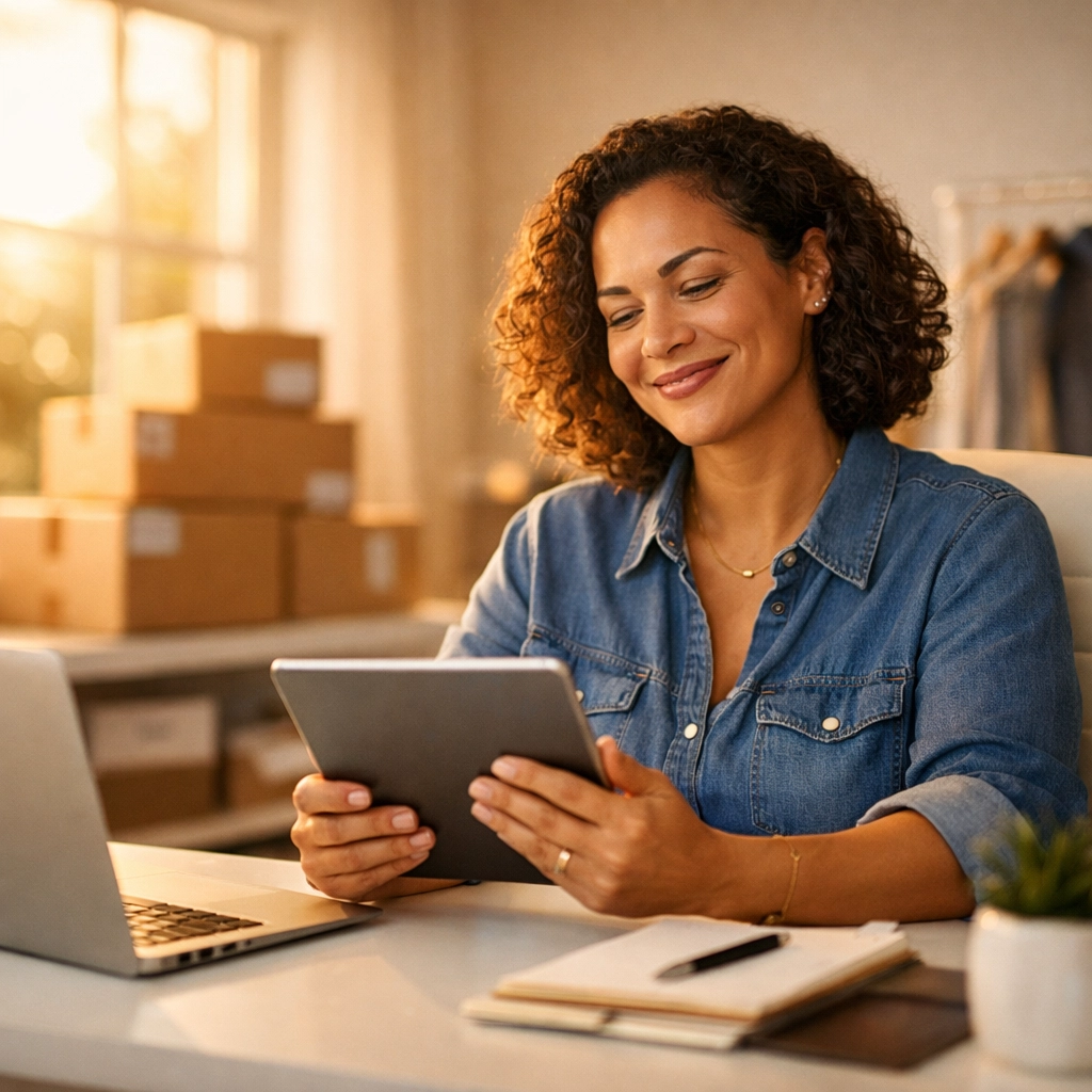 E-commerce entrepreneur smiling at successful fulfillment costs and increased business profitability.