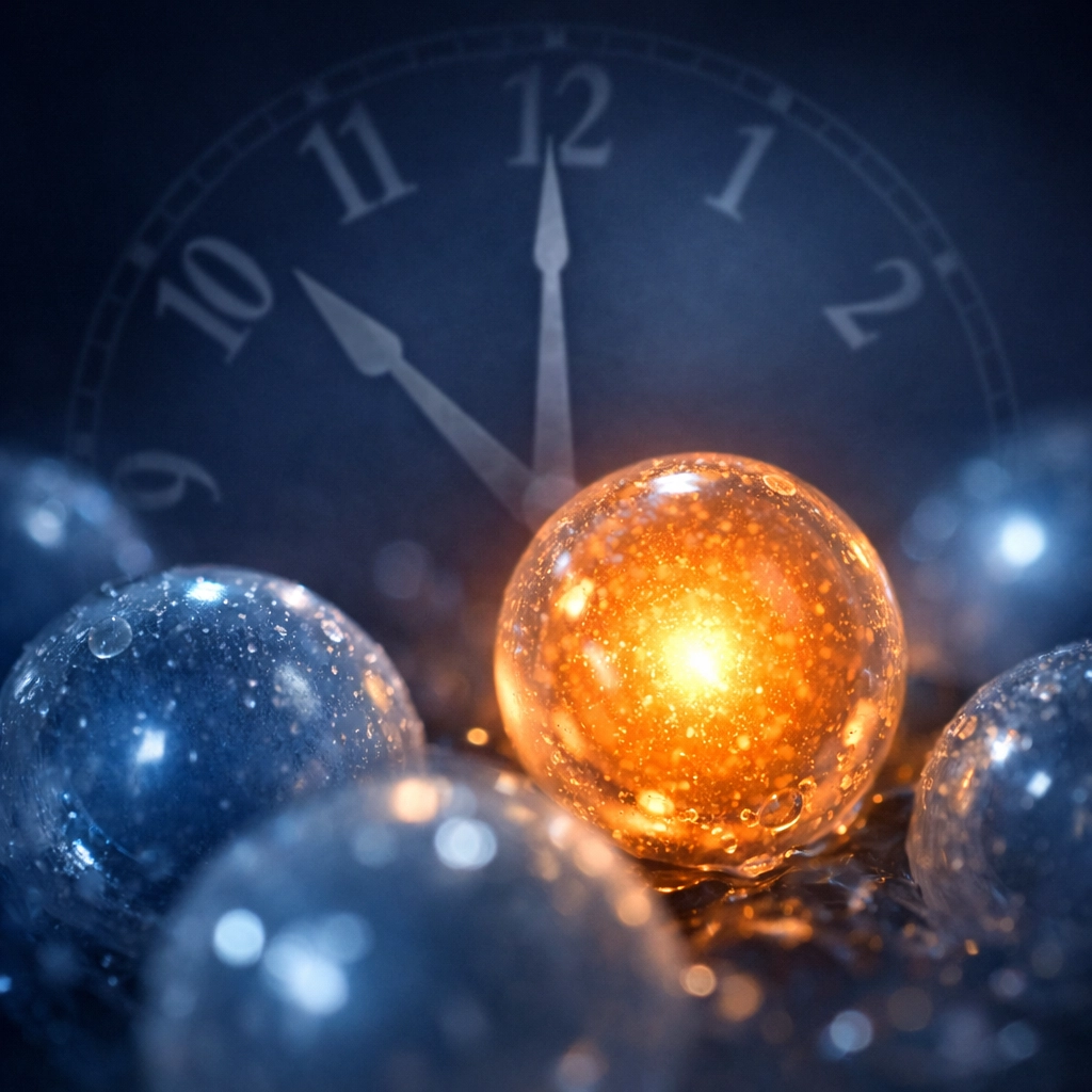 Glowing follicles and a clock face representing precise trigger timing for egg maturation in an IVF cycle.