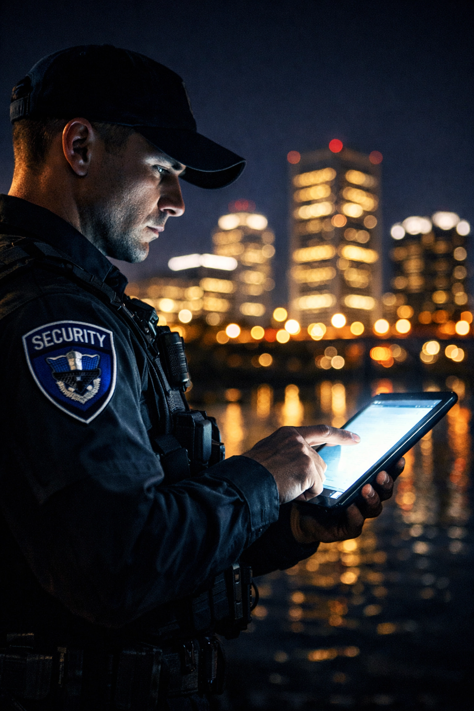 Richmond security guard using a digital tablet for real-time reporting and advanced patrol monitoring.