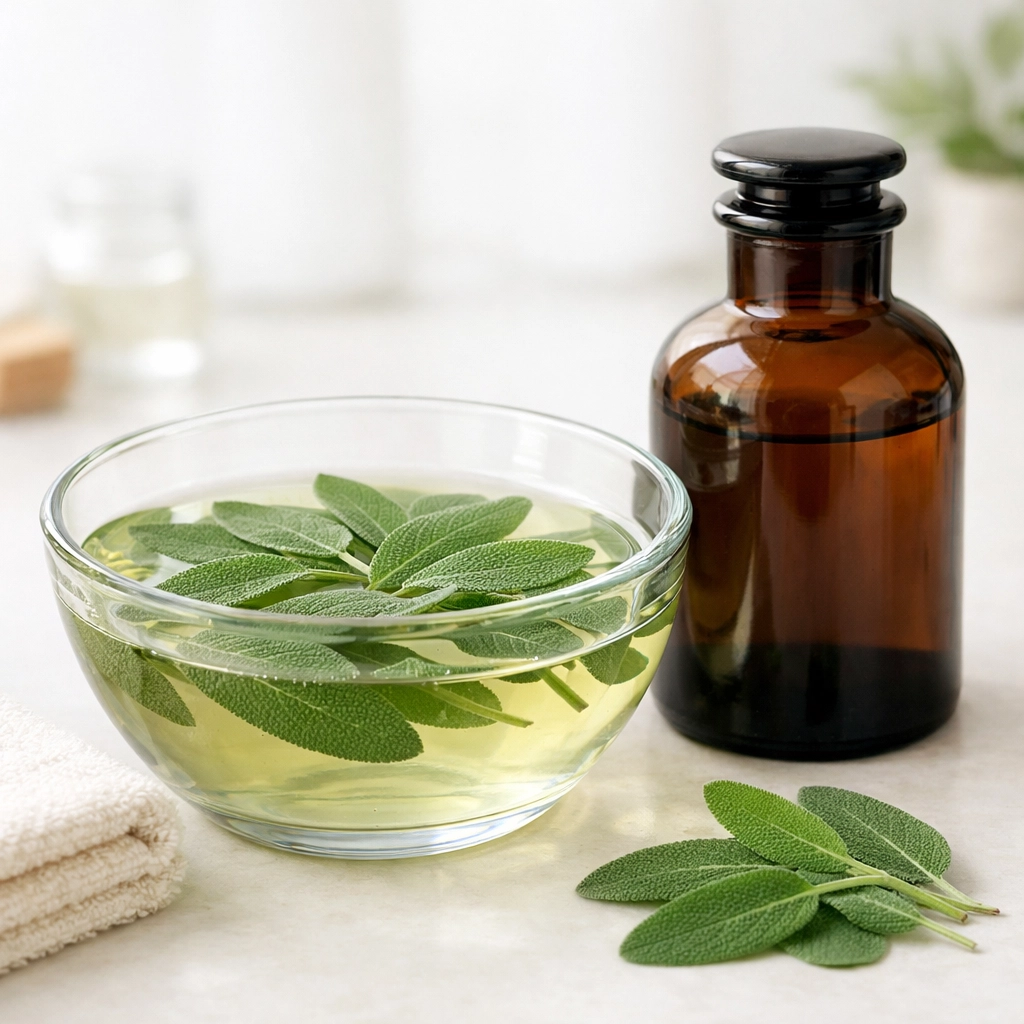 Natural Salmya hair rinse and herbal beauty infusion in a clear glass bowl.