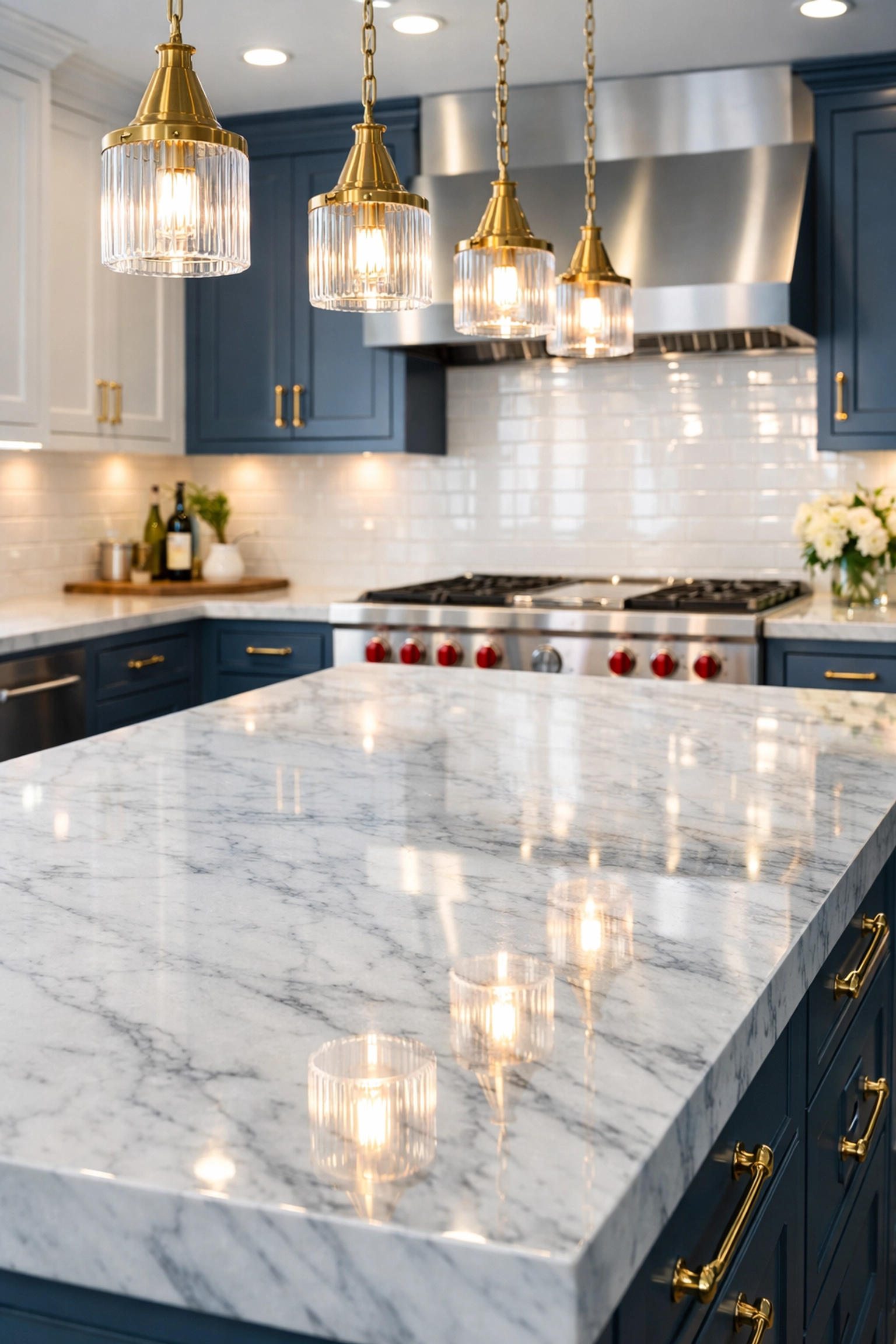 Sanitized luxury kitchen in Swampscott MA with a polished marble island and sparkling gold fixtures.