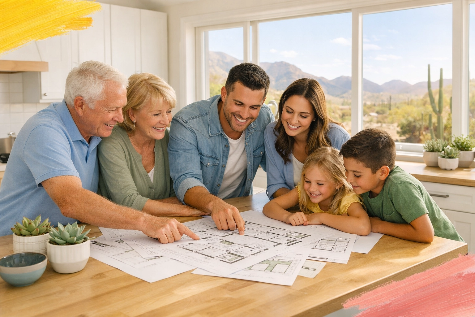 Multigenerational family planning home layout together in spacious Arizona kitchen Multigenerational family planning home layout together in spacious Arizona kitchen