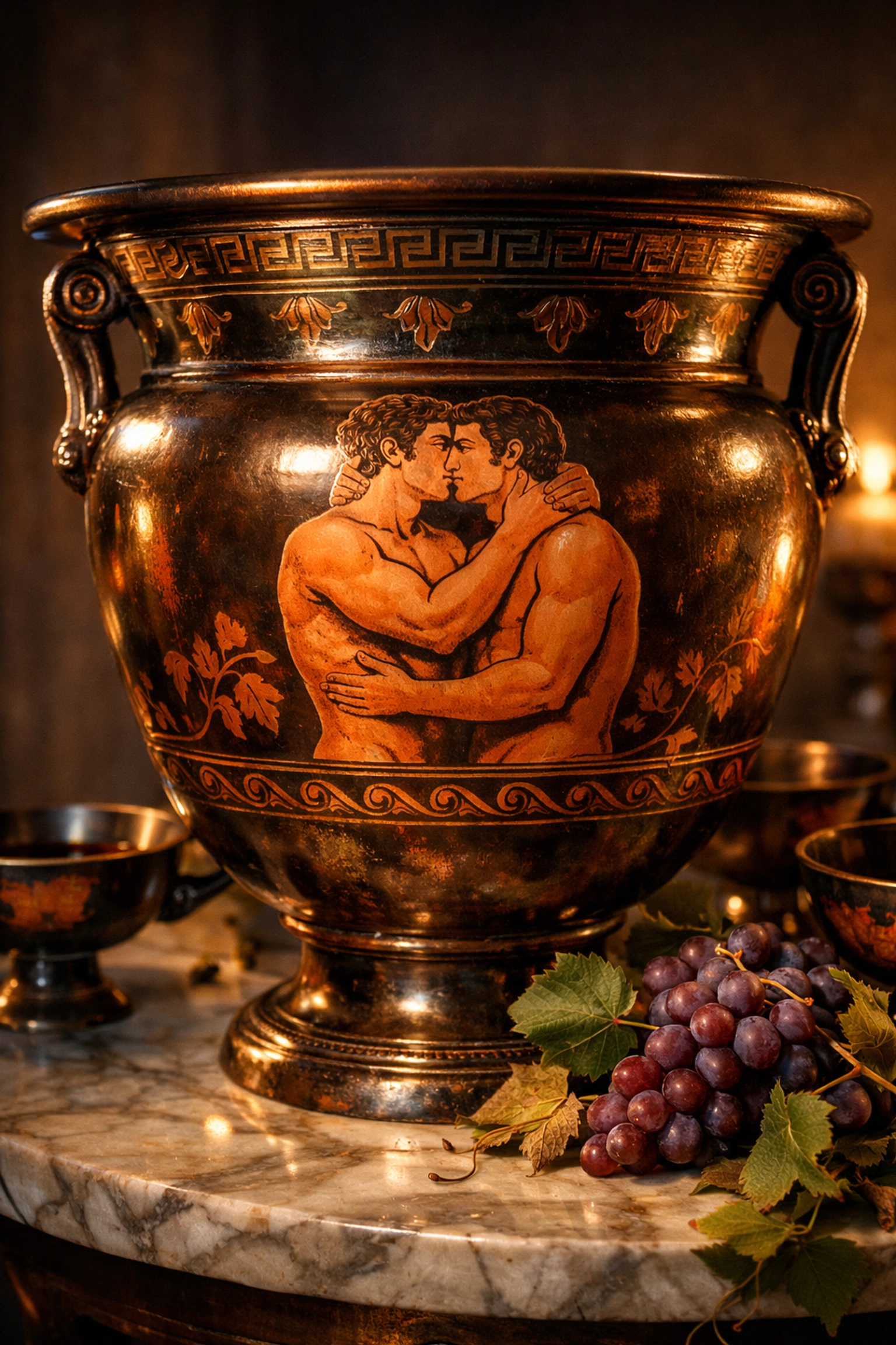 Greek krater wine vessel decorated with homoerotic male figures