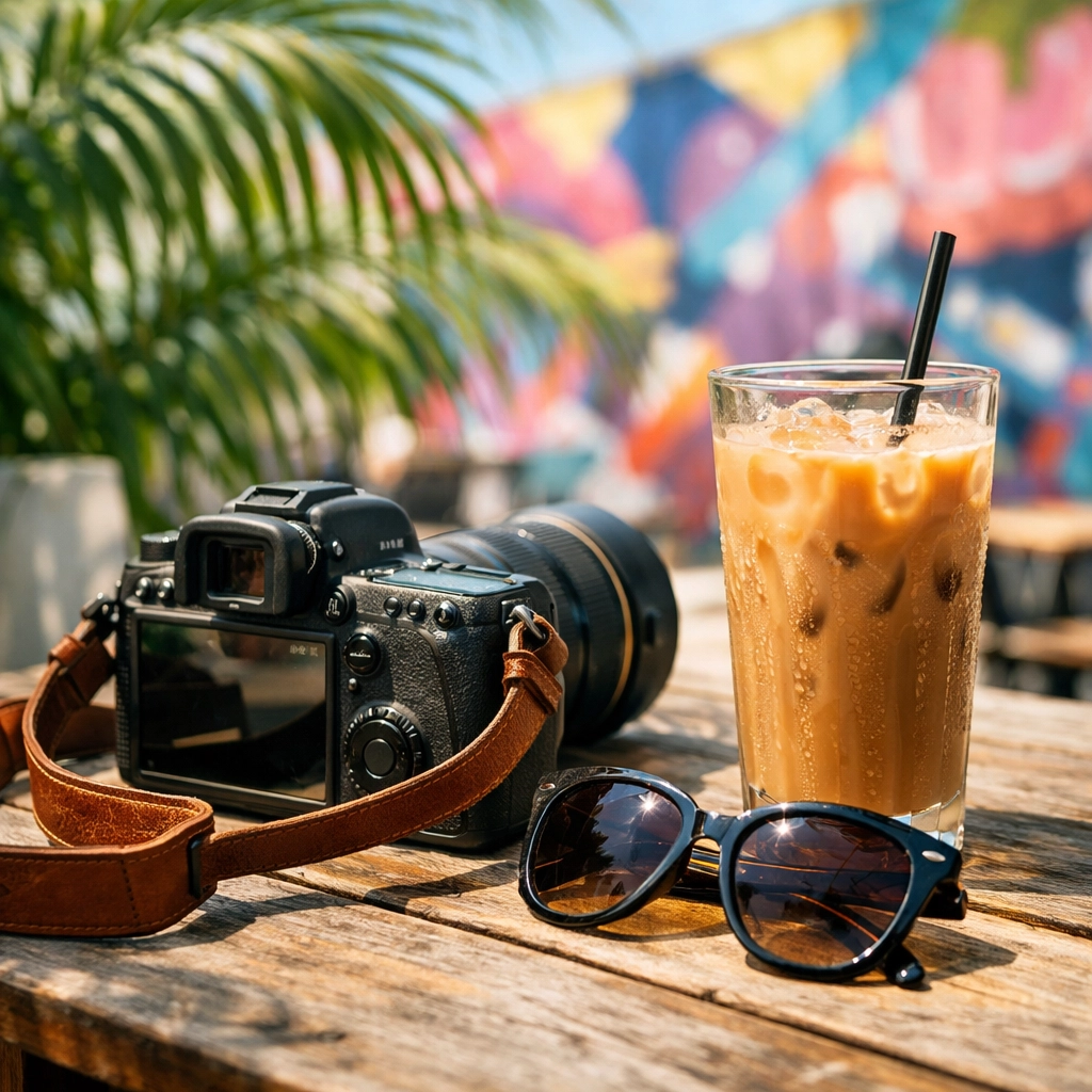 Professional photography gear and coffee at a Wynwood cafe showcasing the Miami lifestyle.