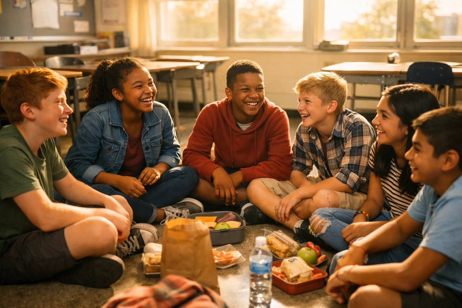 Middle school students engaged in face-to-face conversation during phone-free lunch break