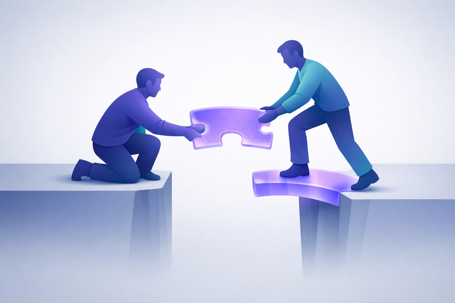 Two figures helping each other cross a gap, symbolizing the power of workplace accommodations and disability support.