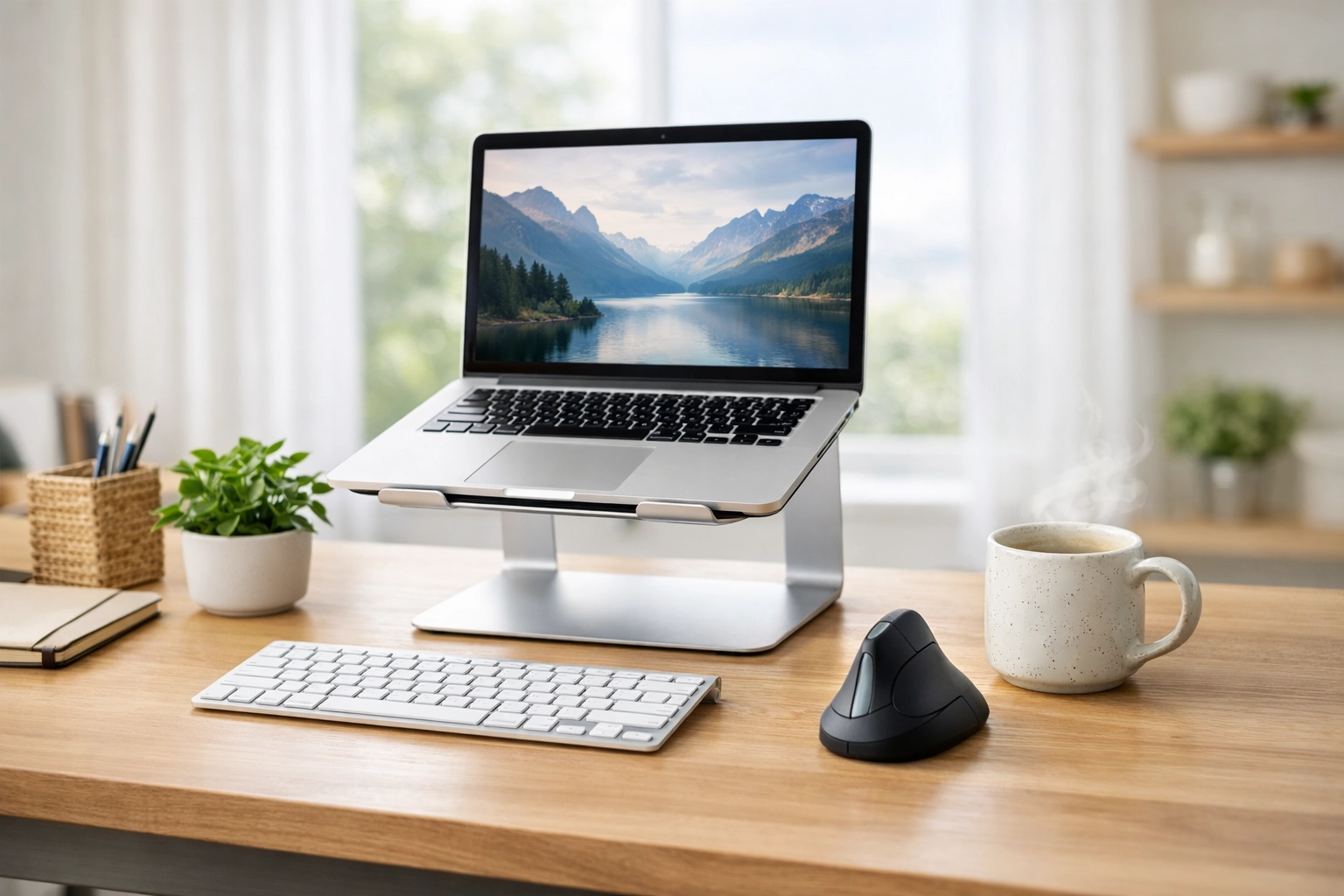 Ergonomic laptop setup with a stand and external keyboard to prevent neck strain.