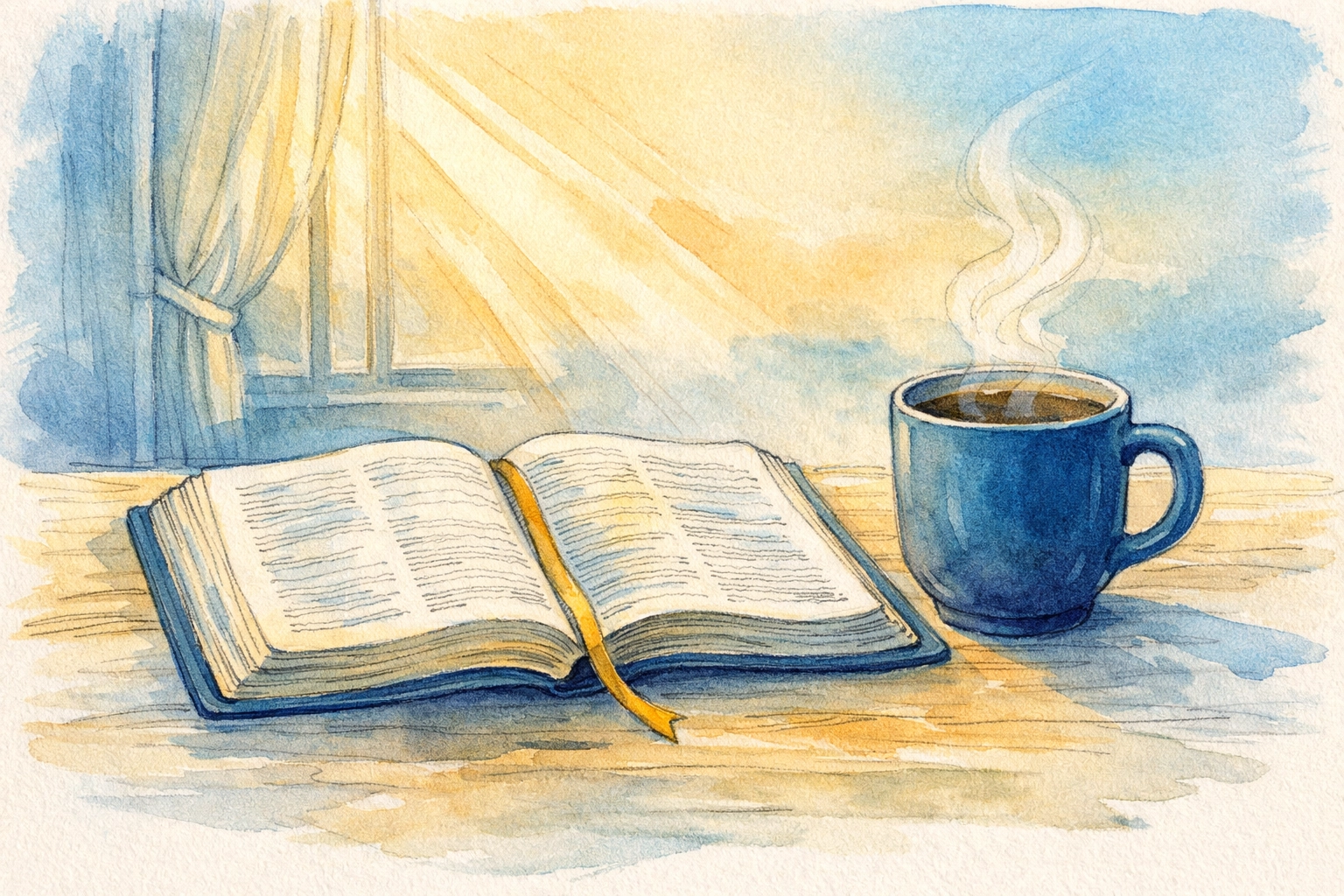 Open Bible and coffee cup on table during morning devotion for spiritual nourishment and prayer time