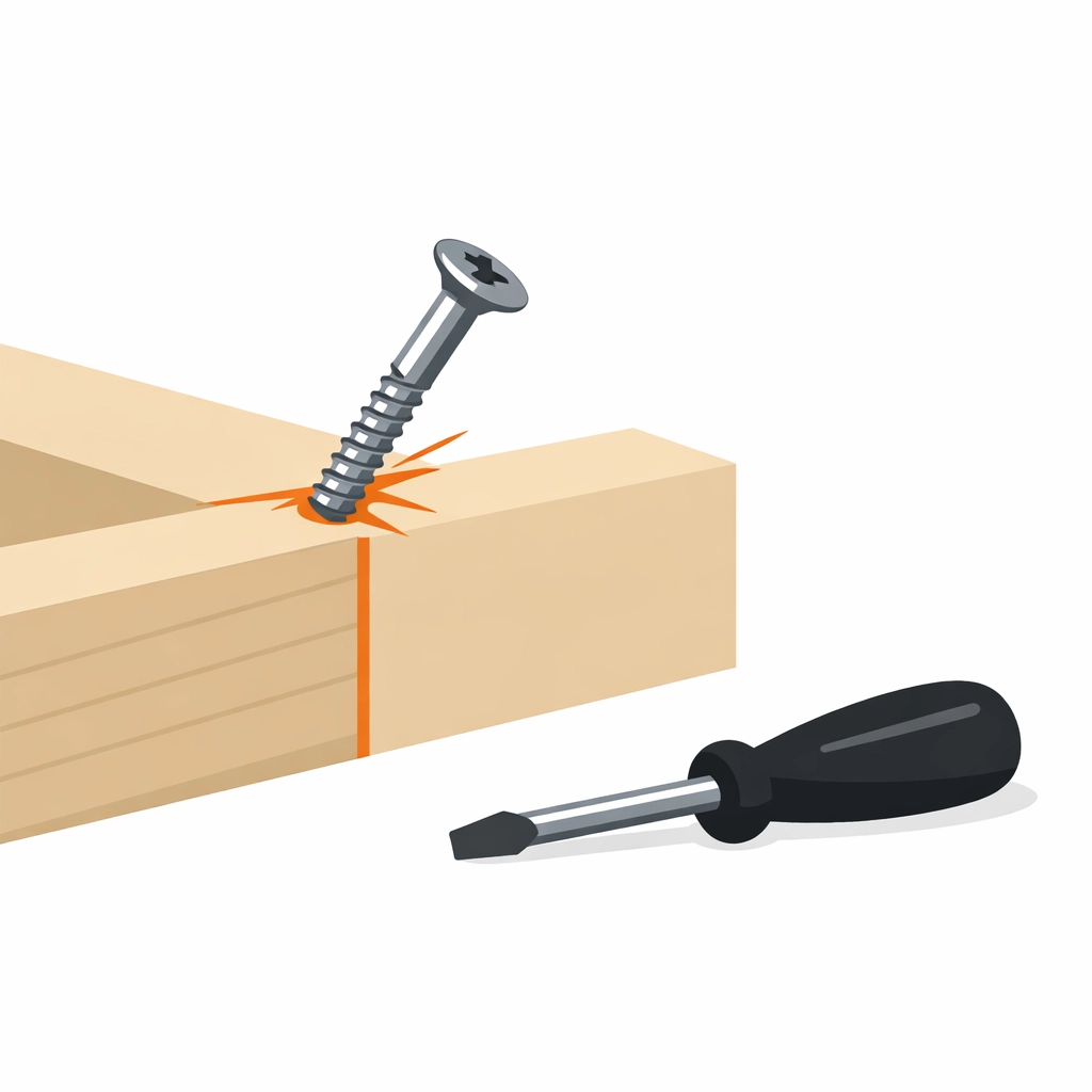 Close-up of a damaged wood joint from an improper DIY furniture assembly attempt.