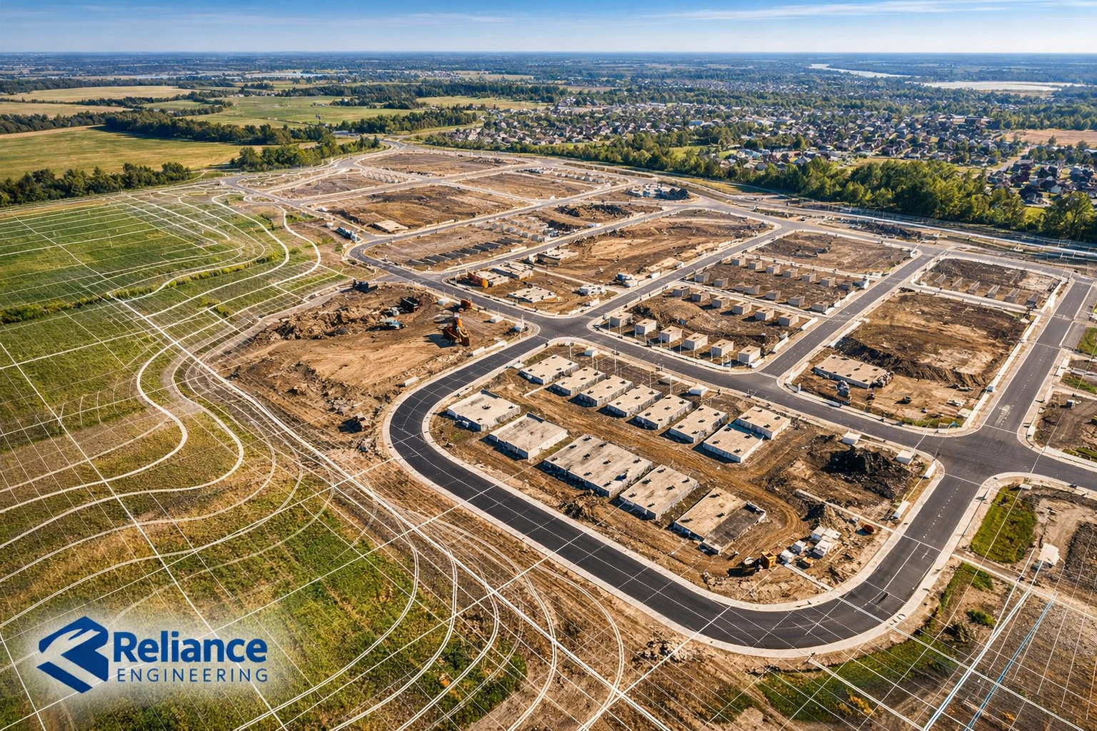 Aerial view of site grading and residential land development infrastructure in Ontario.