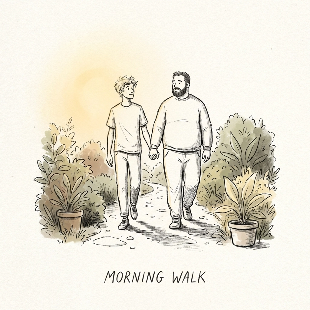 Inclusive illustration of two men of different body types holding hands on a garden path, representing acceptance and diversity in queer nudist fiction.