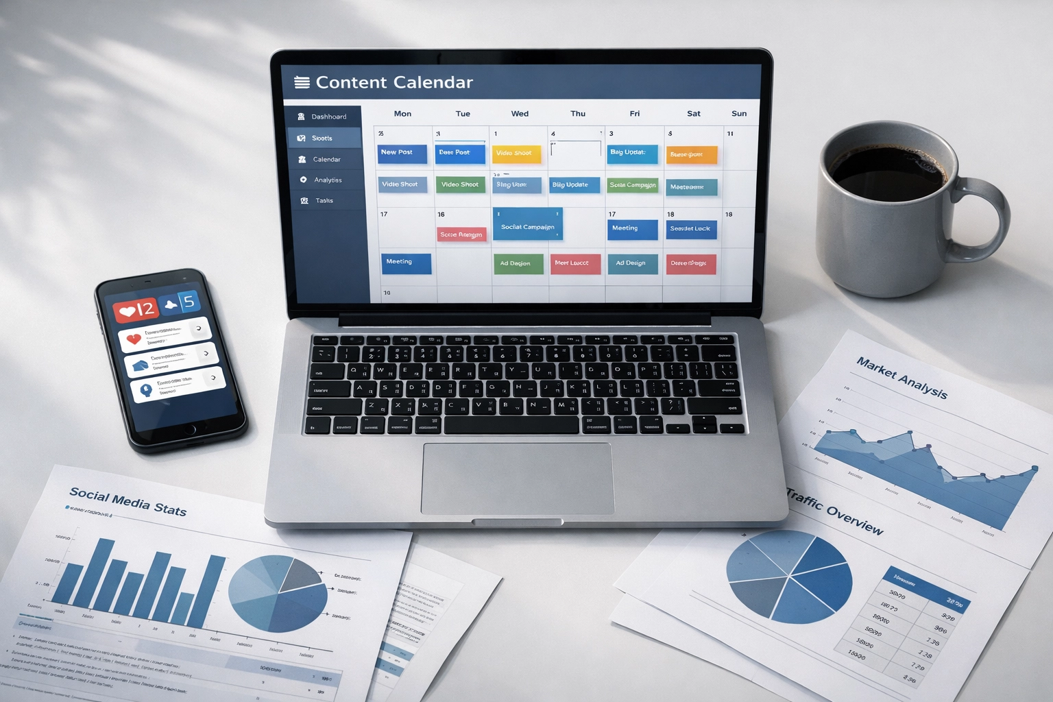 Automated content calendar dashboard showing scheduled press releases for sports marketing campaigns