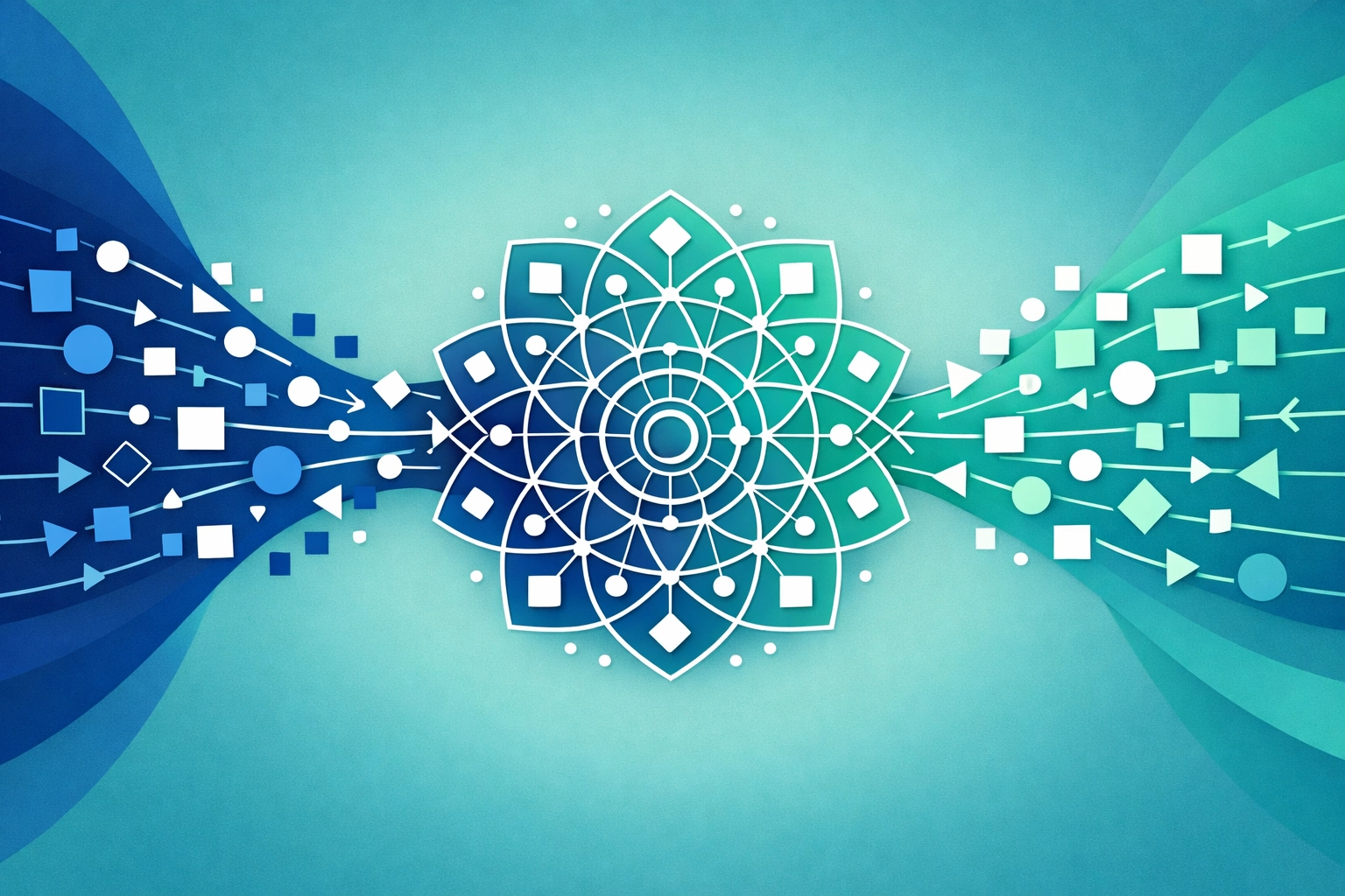 Minimalist geometric art depicting the integration of Lean and Agile to break down business silos.