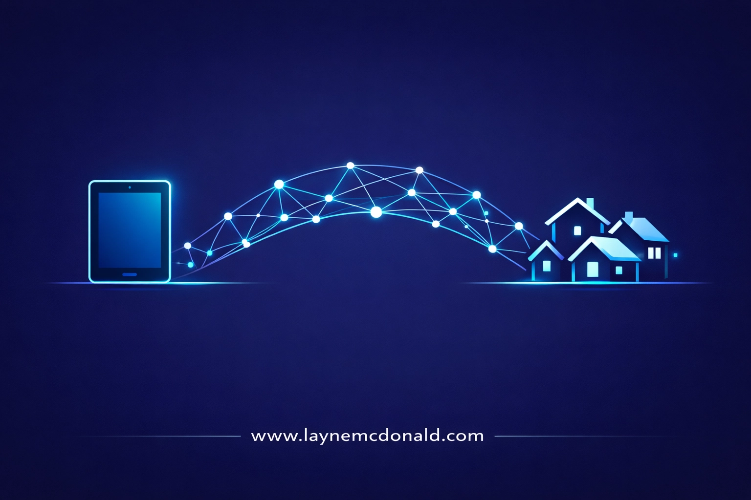 Digital network connecting a tablet to local homes representing online community and church outreach.