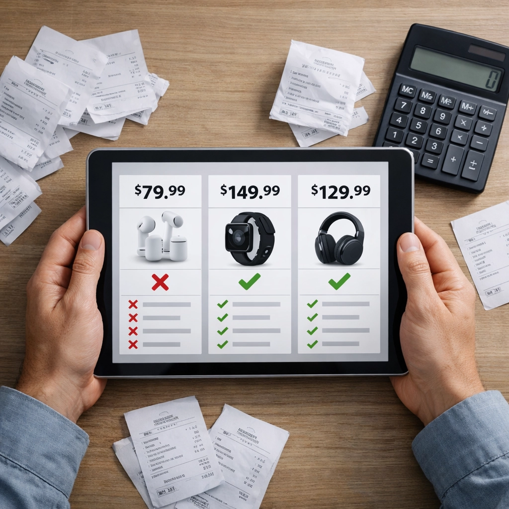 Person comparing product prices on tablet with receipts and calculator for shopping decisions