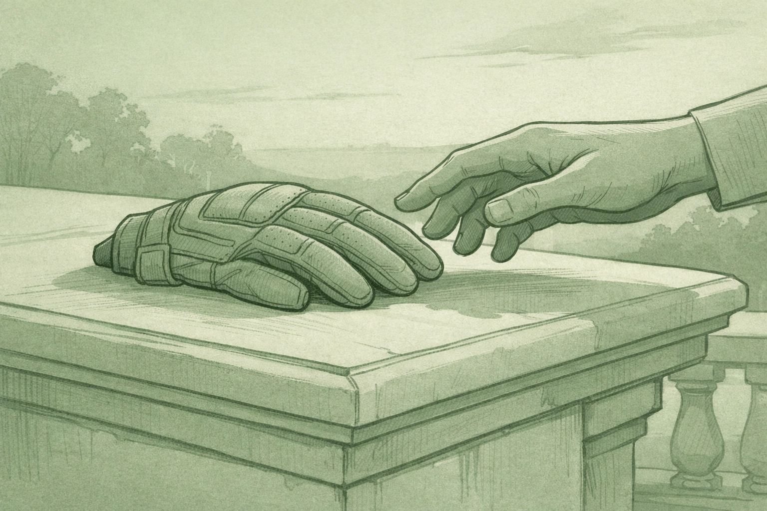 Hand reaching for quarterback's training glove on terrace - modern Cinderella moment in gay sports romance