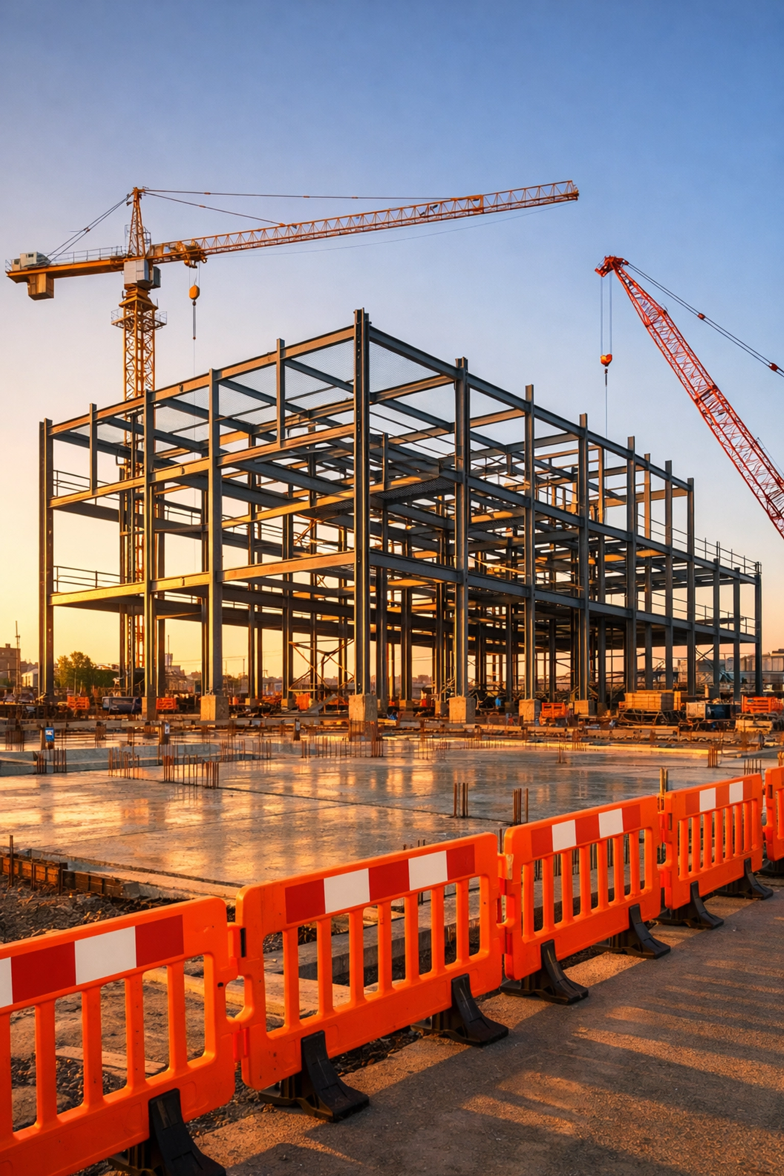 UK industrial construction site with steel framework and cranes during 2026 sector growth