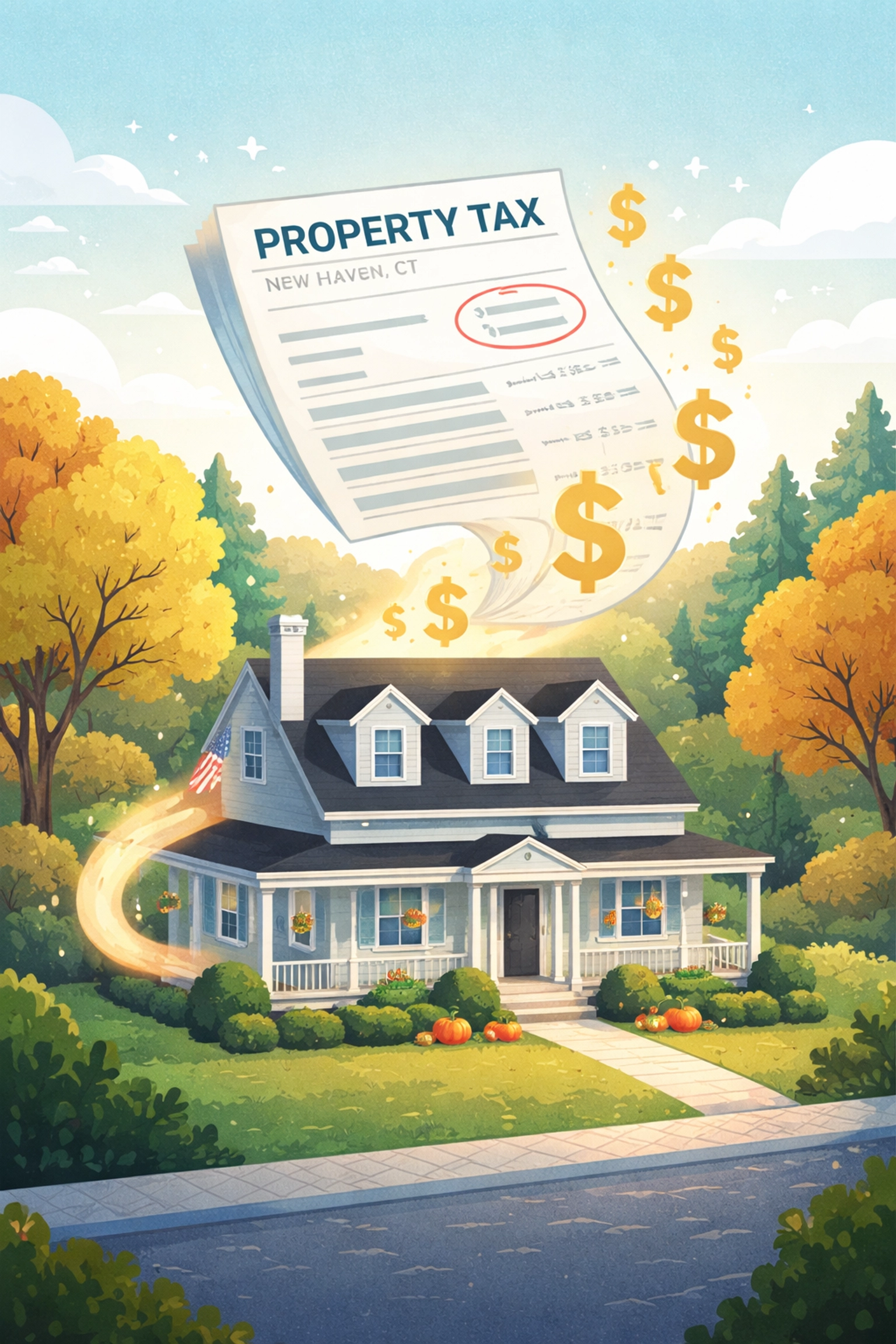 Illustration of a New Haven home with a large property tax bill and floating dollar signs symbolizing increased SALT deduction benefits for 2026 tax filing.