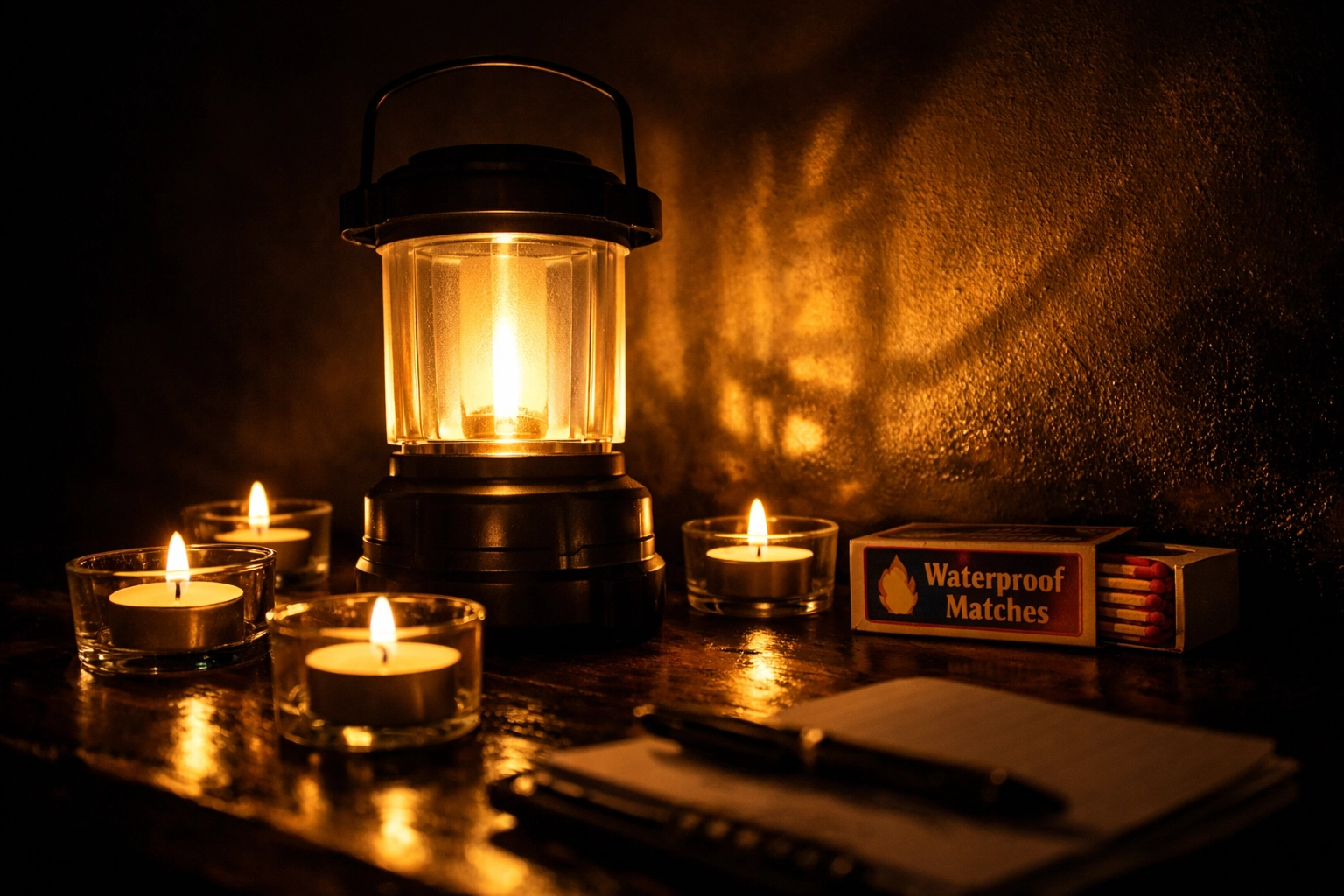 LED lantern and tea light candles providing emergency lighting during power outage How to Prep Your Apartment for Winter Blackouts in Under $50 (No Garage Required)