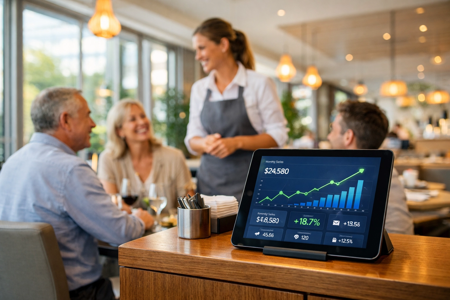 Professional server in a modern dining room while a digital dashboard tracks restaurant growth and maximizes revenue.