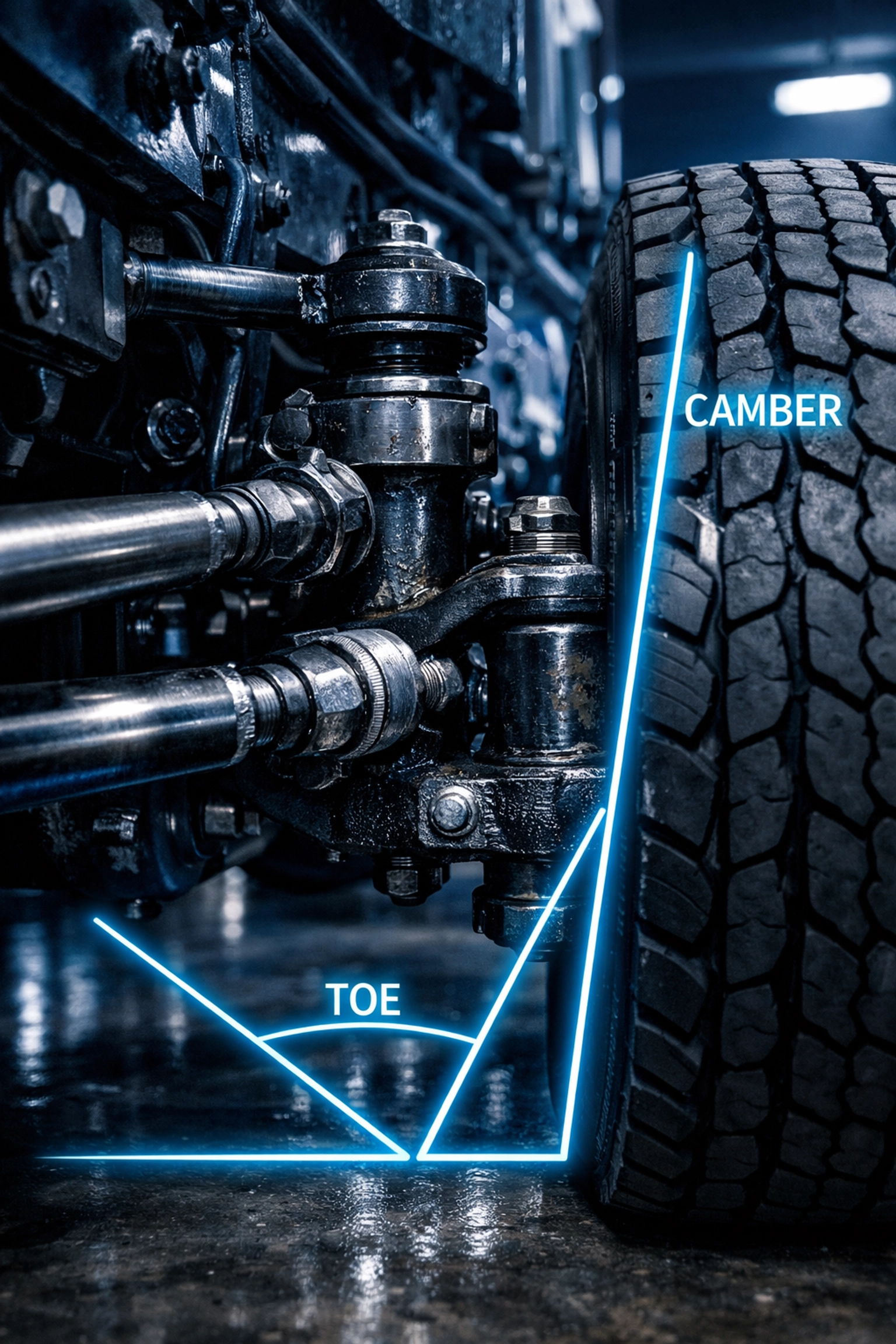 Close up of heavy duty truck suspension and steering components during a professional wheel alignment.