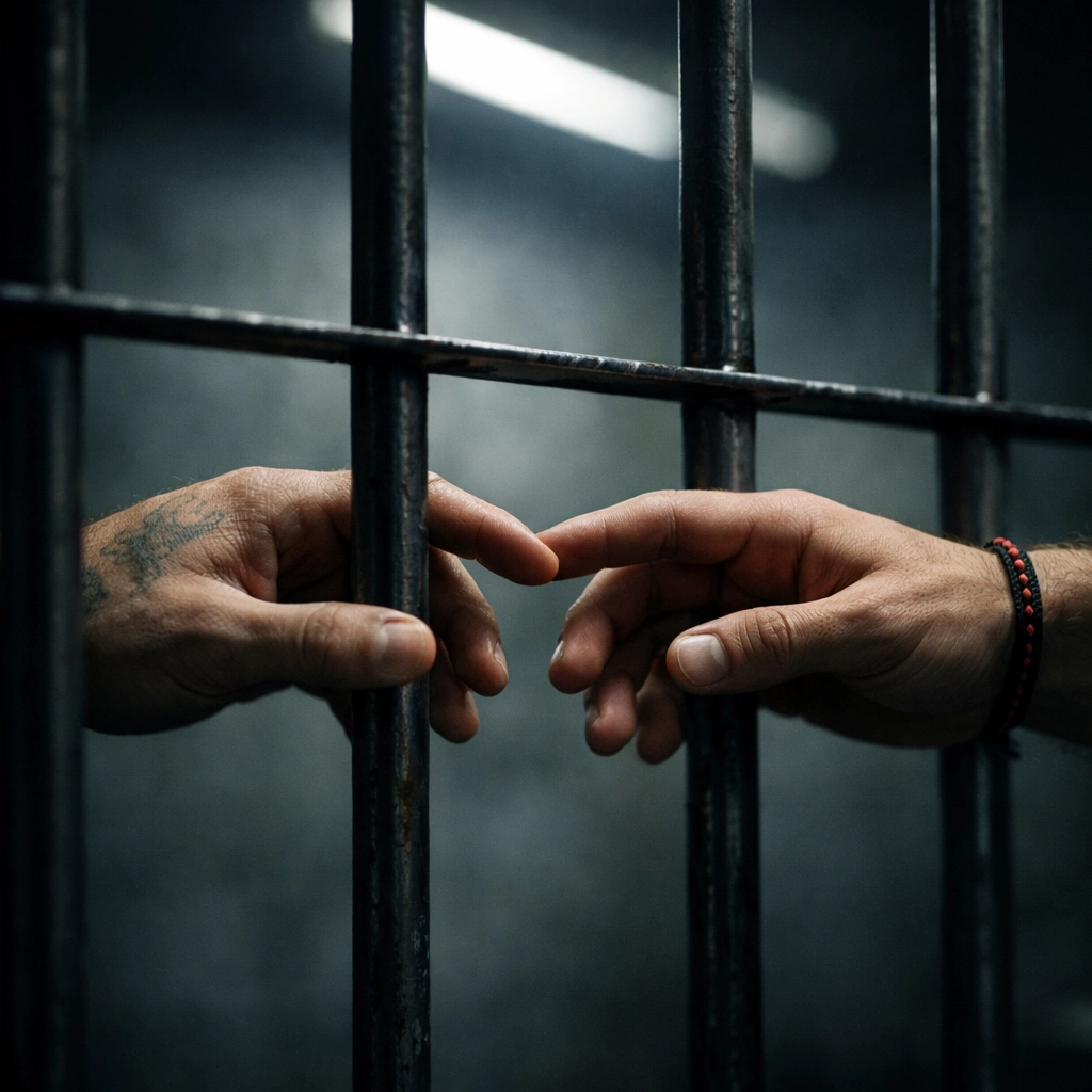 Two gay men's hands reaching toward each other through prison cell bars showing connection and intimacy