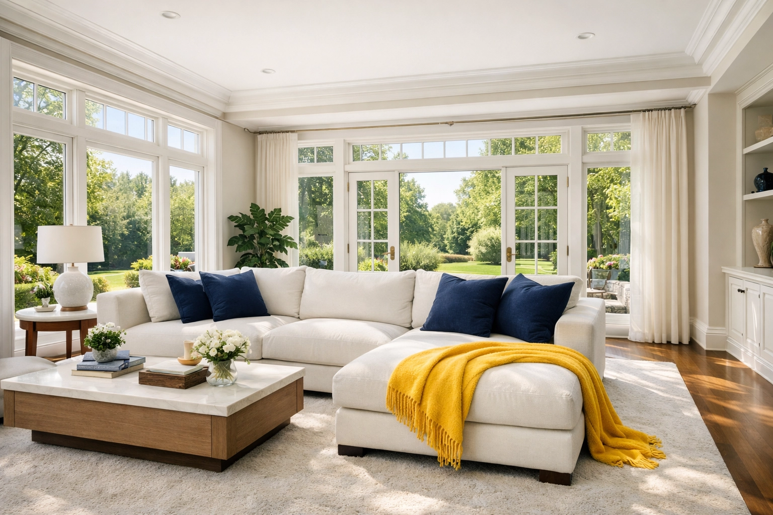 Sun-drenched, tidy living room in a Belmont home after professional House Cleaning Belmont MA.