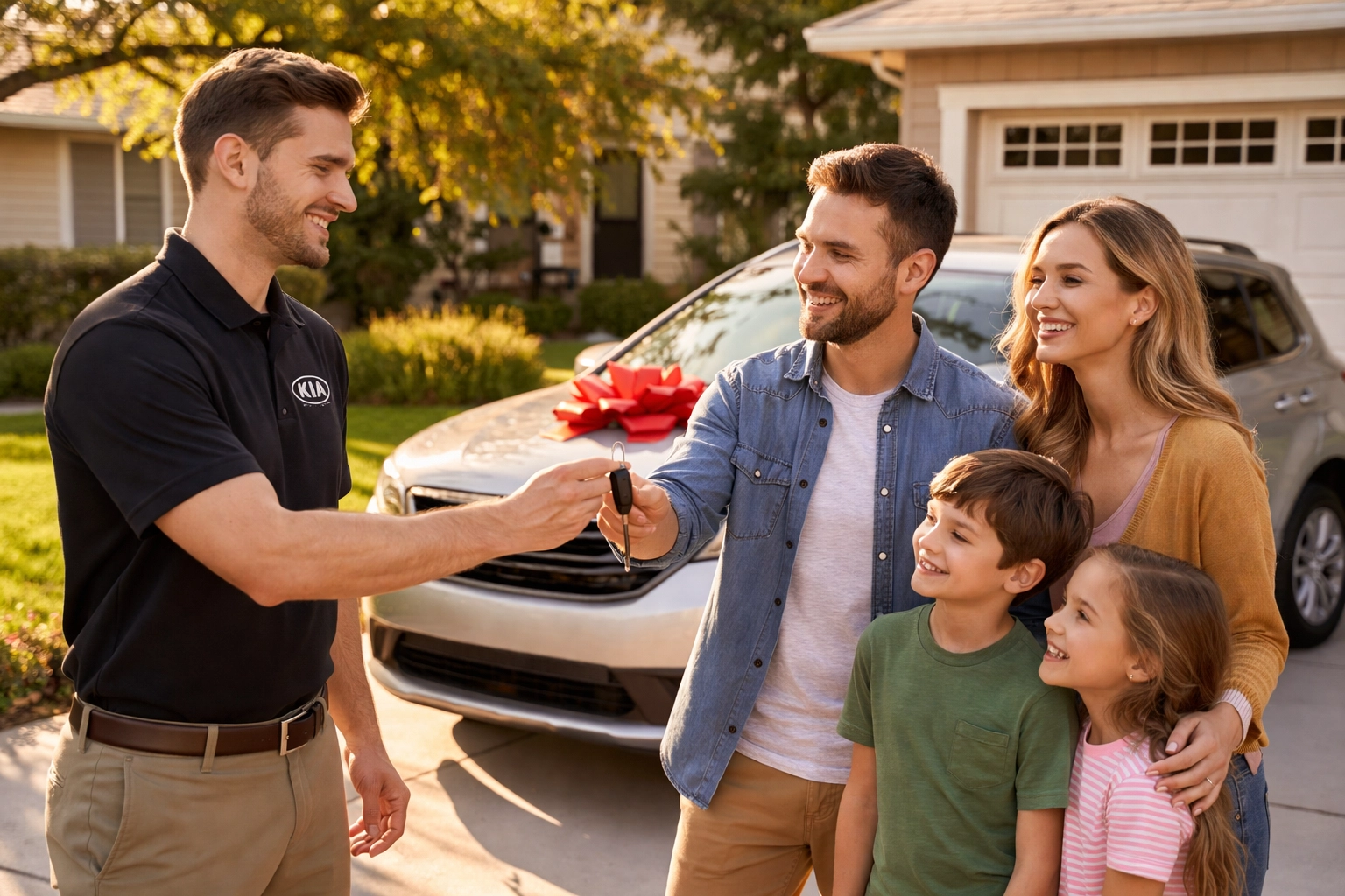 Roseville Kia team delivering a pre-owned SUV to a Sacramento family's home