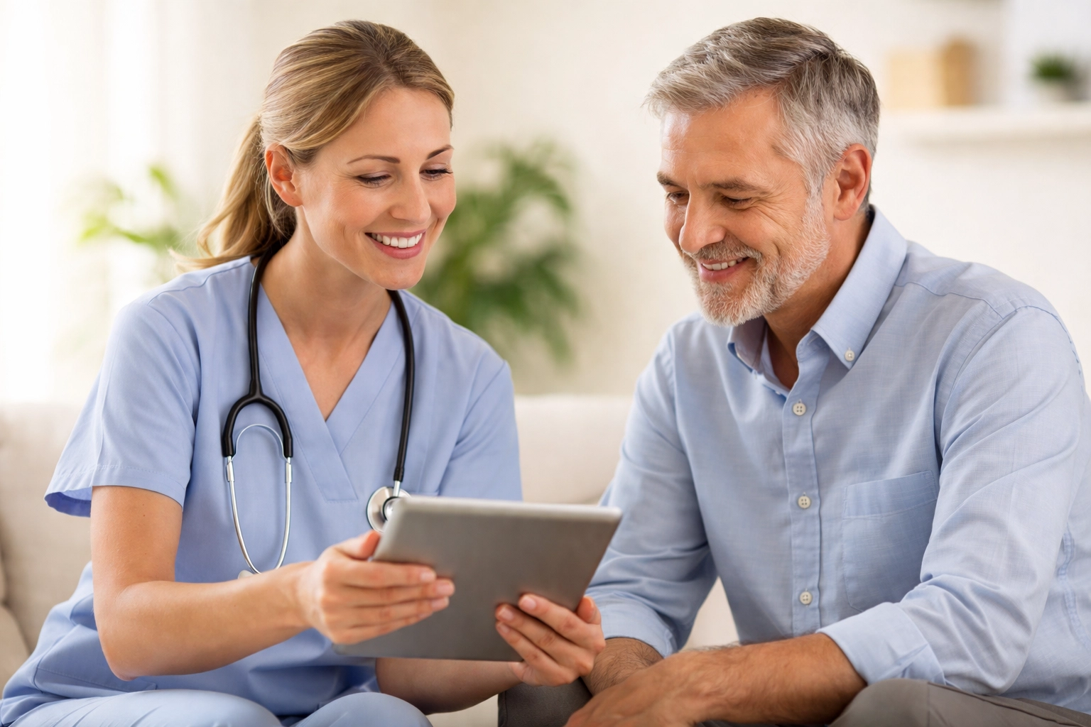 Licensed healthcare provider and patient discuss IV therapy wellness options in a comfortable clinic setting.