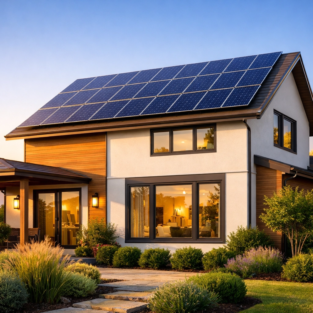 Modern residential property with solar panels and energy-efficient windows showcasing green investment ROI