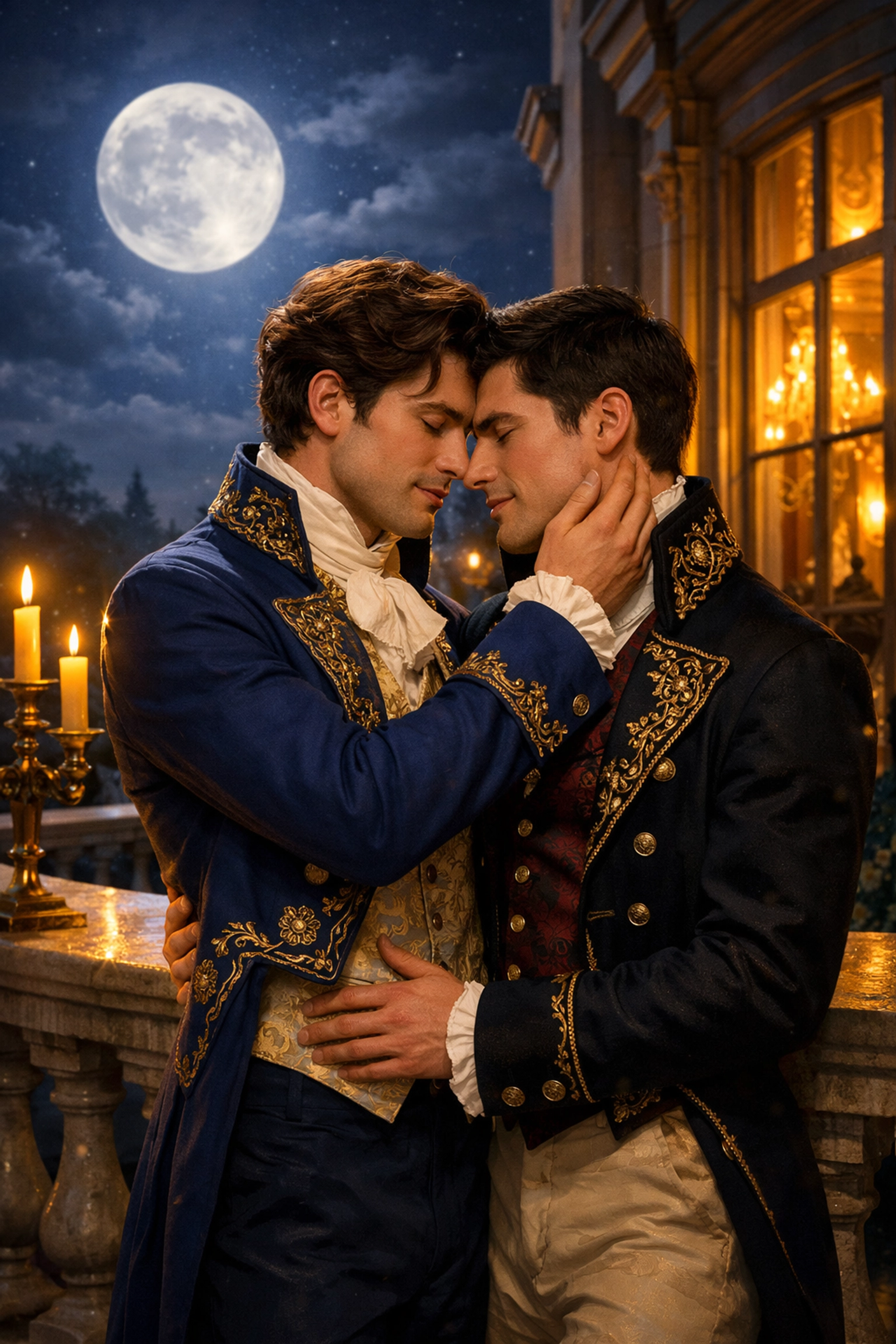 A gay couple in Regency-era attire sharing a tender moment from an MM historical romance.