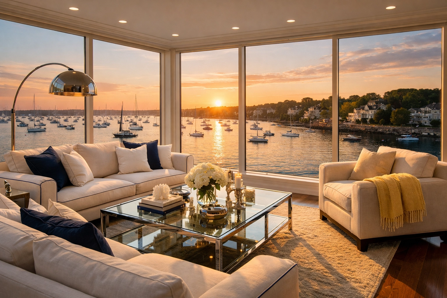 Spotless living room overlooking the harbor after a luxury house cleaning in Marblehead.