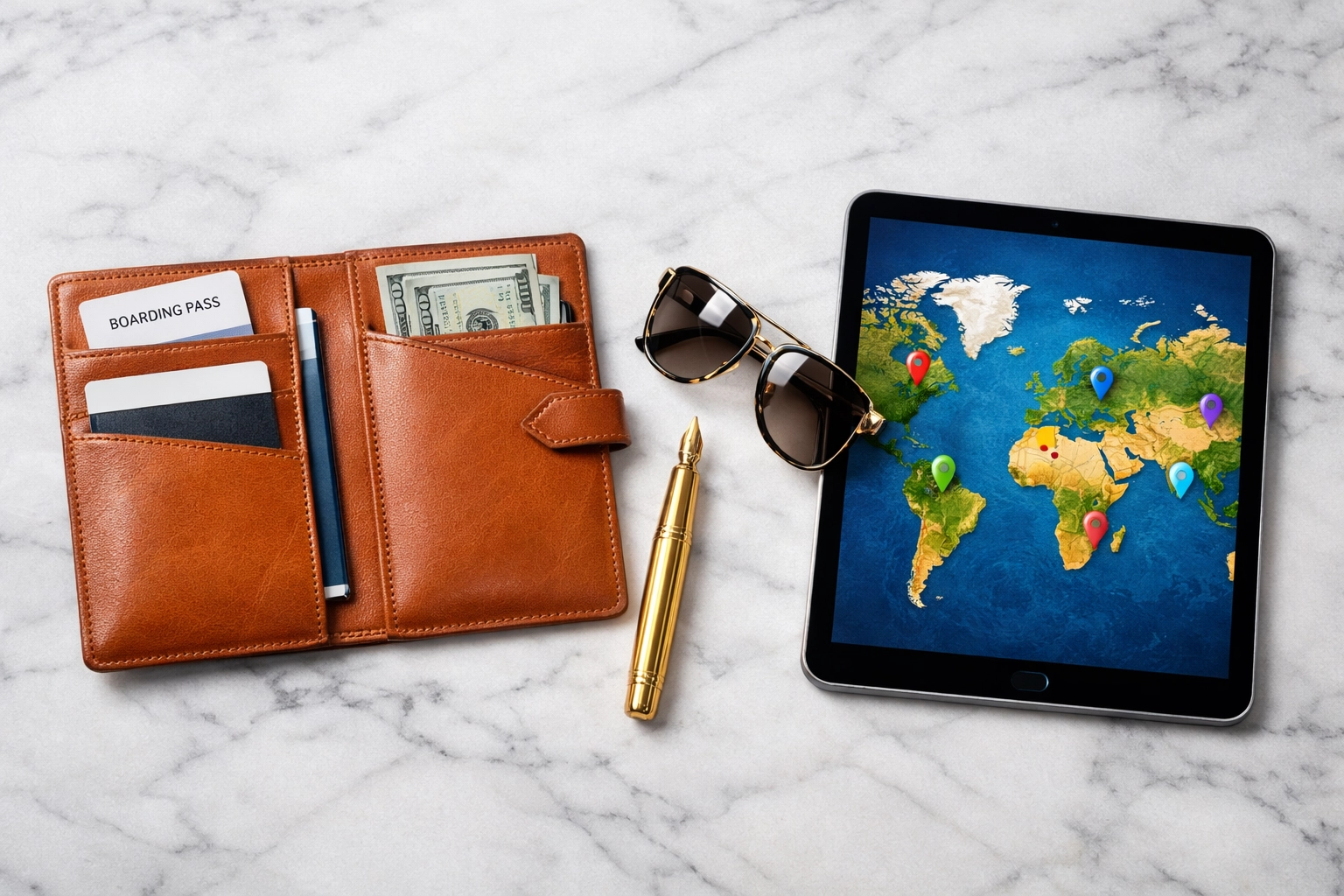 Luxury travel planning essentials like a leather travel wallet and digital map for a remote travel advisor.