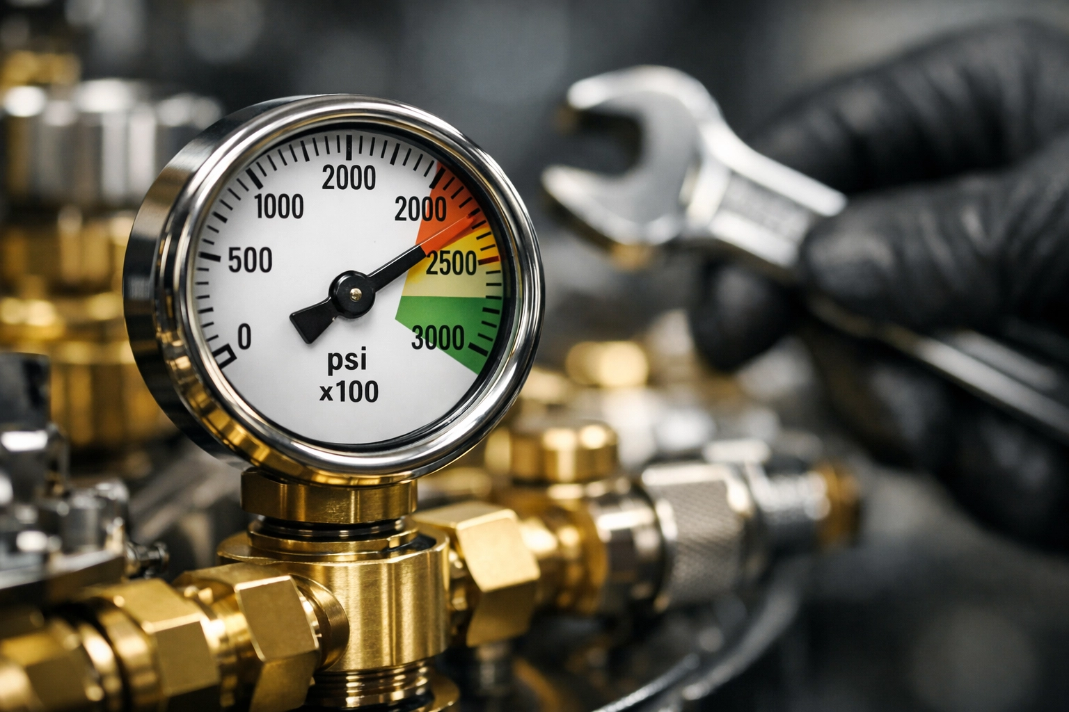 Professional technician testing gas manifold pressure using a high-precision analog gauge.
