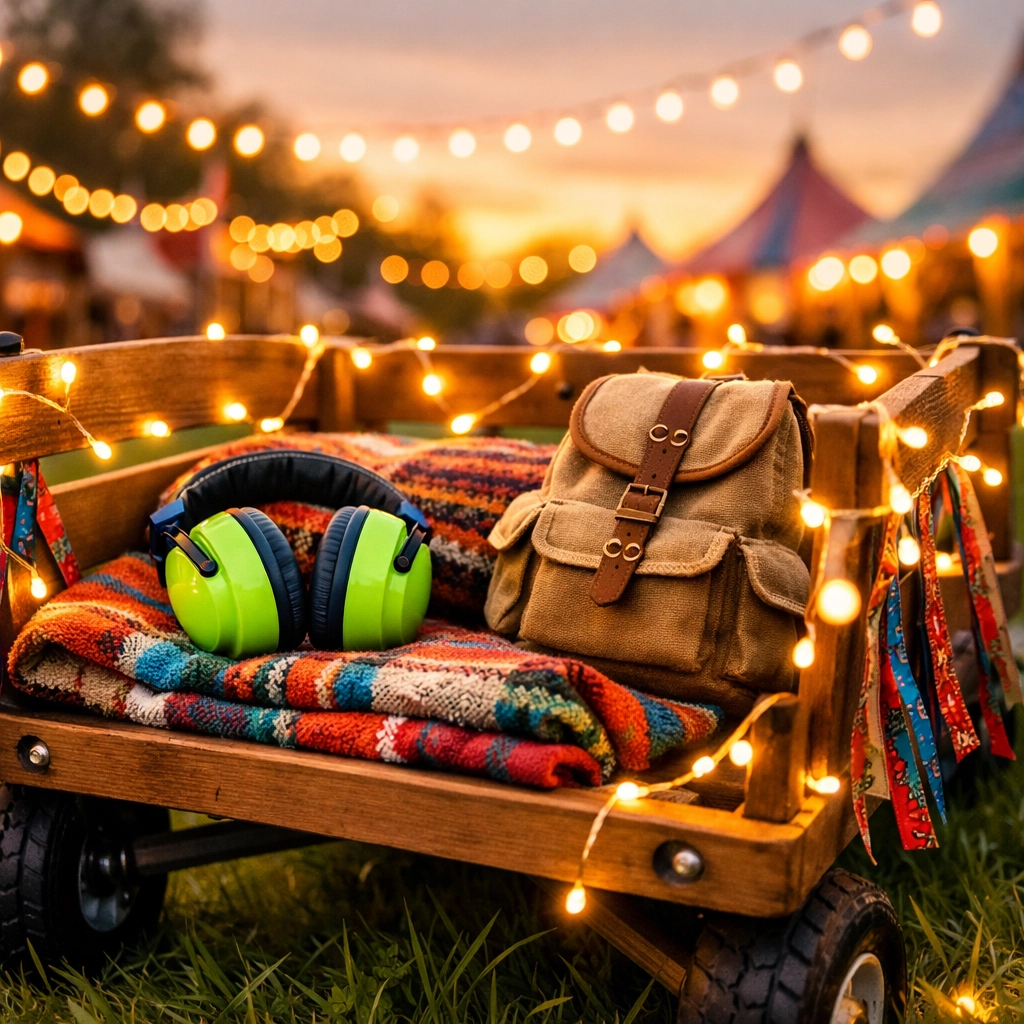 Essential kids' festival survival kit: a decorated wagon with ear defenders and blankets at Beautiful World Festival.