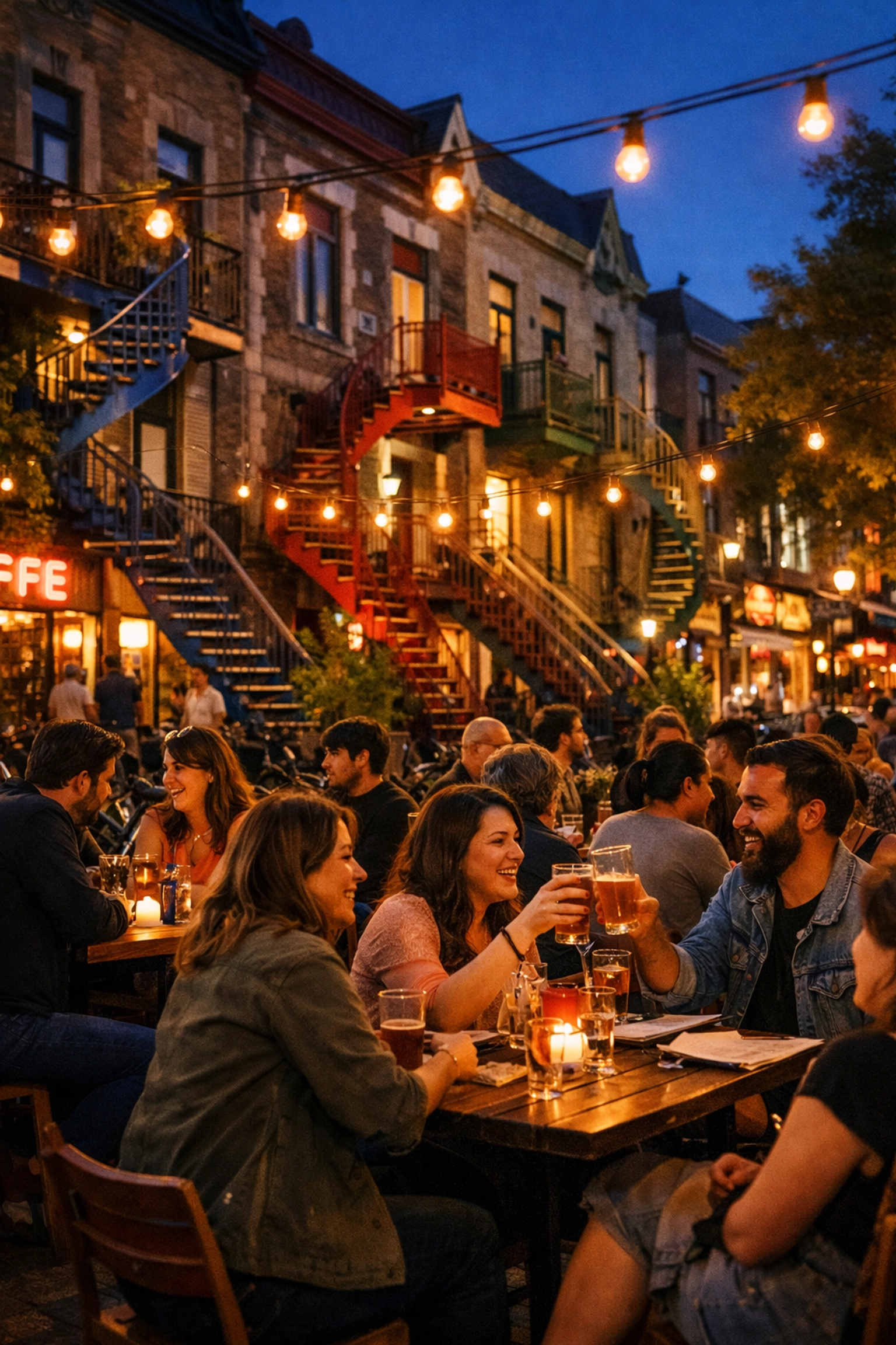 Locals enjoying drinks on a vibrant outdoor terrasse in the Plateau Montreal neighborhood at dusk.