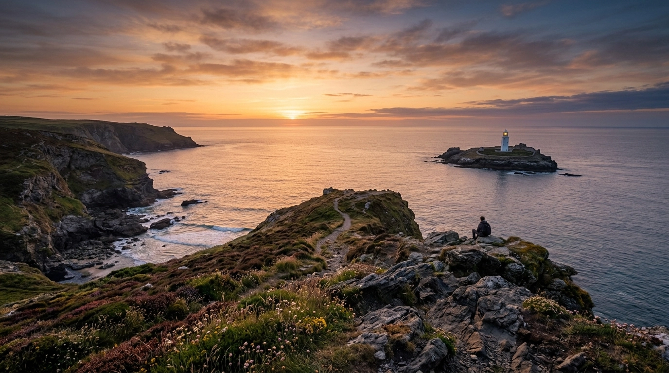 The iconic Godrevy Lighthouse at sunset, a symbol of guidance and peace in North Cornwall