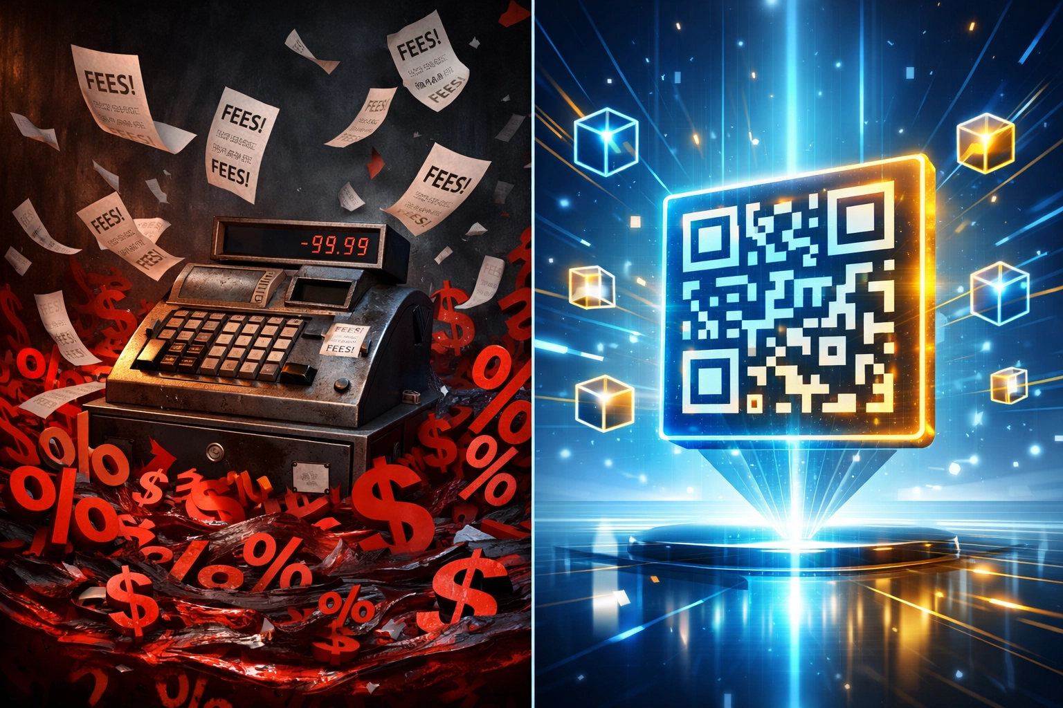 Traditional merchant fees vs Web3 QR code payments showing massive cost reduction