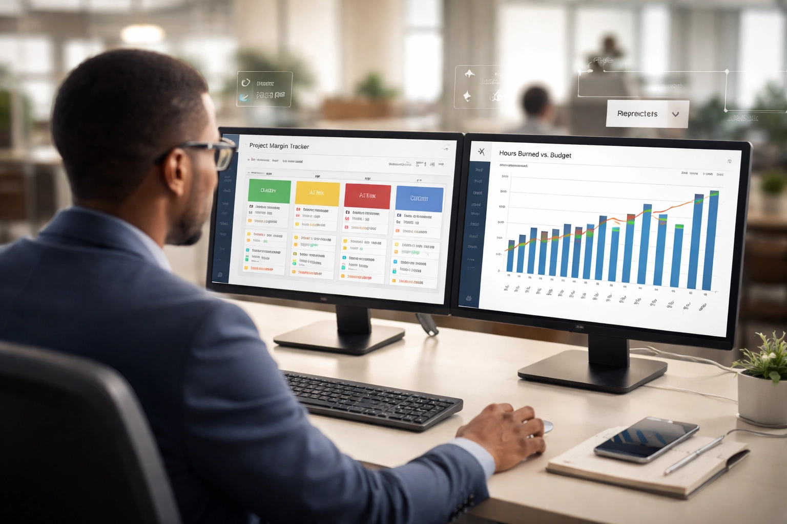 Project manager at desk monitoring actionable ERP dashboards with project margin and budget KPIs