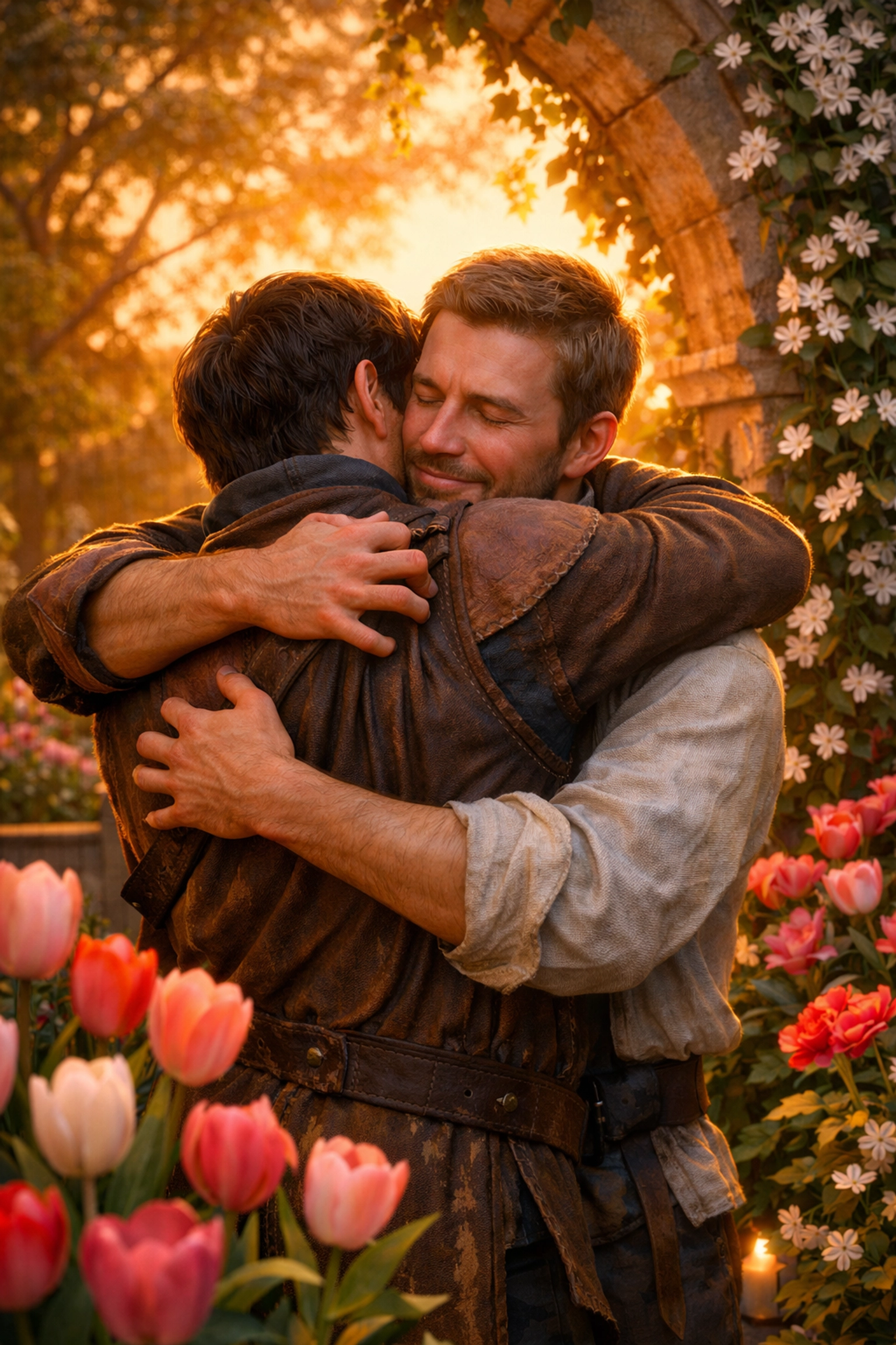 Emotional reunion embrace between two men in a floral garden, a classic second chance MM romance trope.