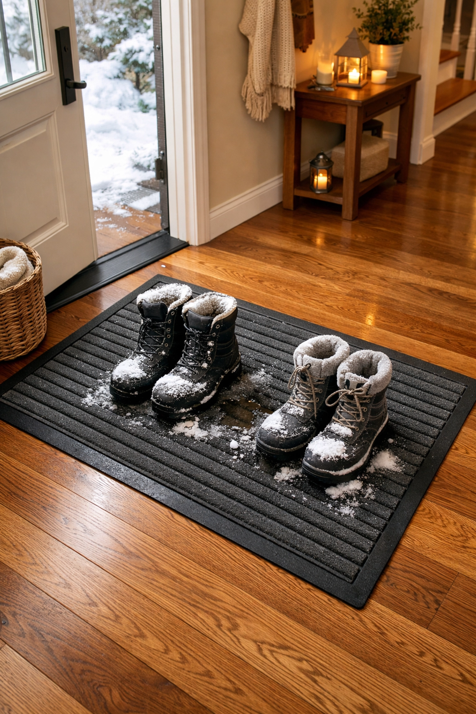 Heavy-duty entrance mat protecting hardwood floors from winter salt and snow