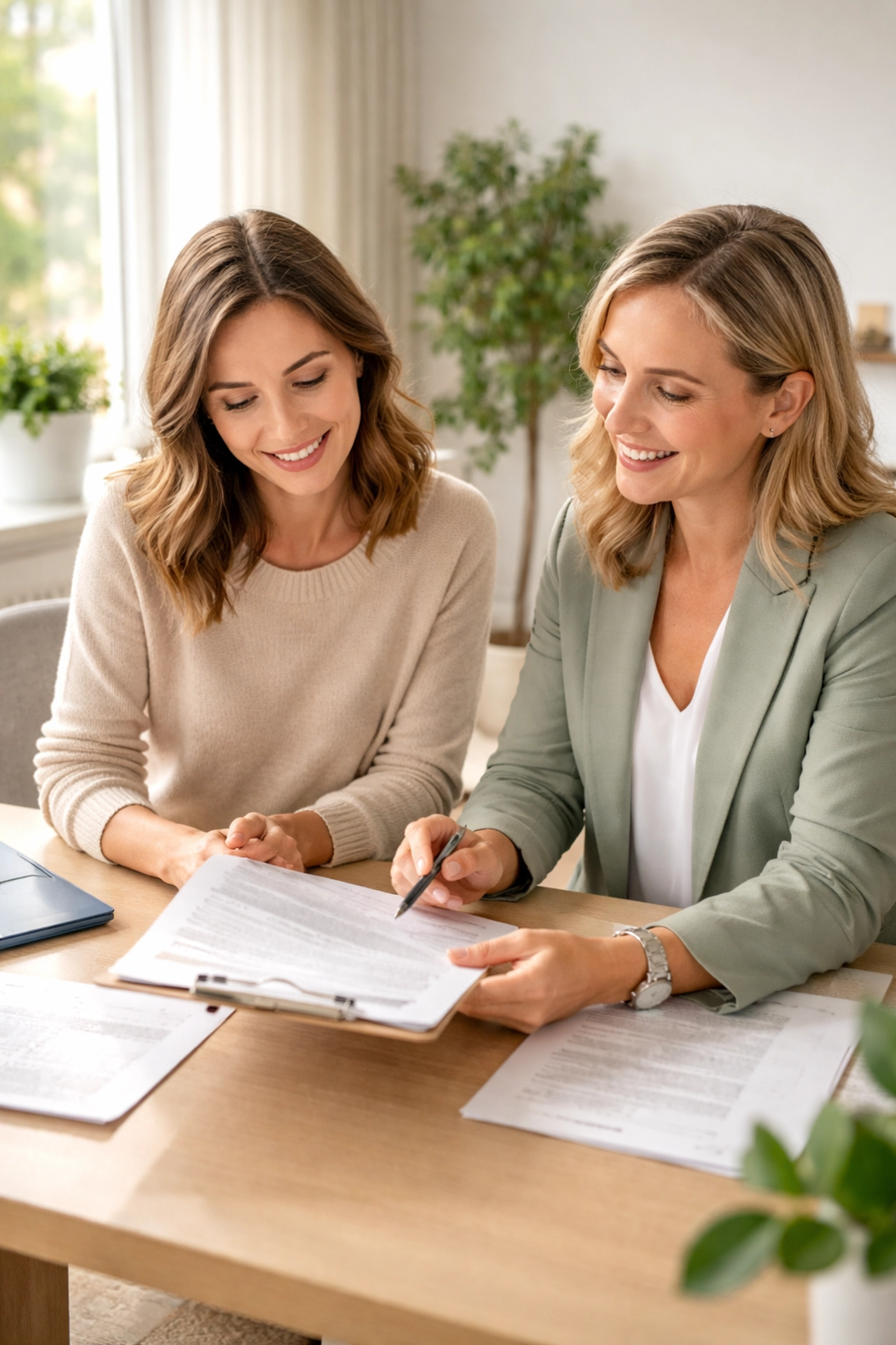 A Surrogate discussing insurance options with a specialist in a warm Michigan office, highlighting the importance of surrogacy insurance review.