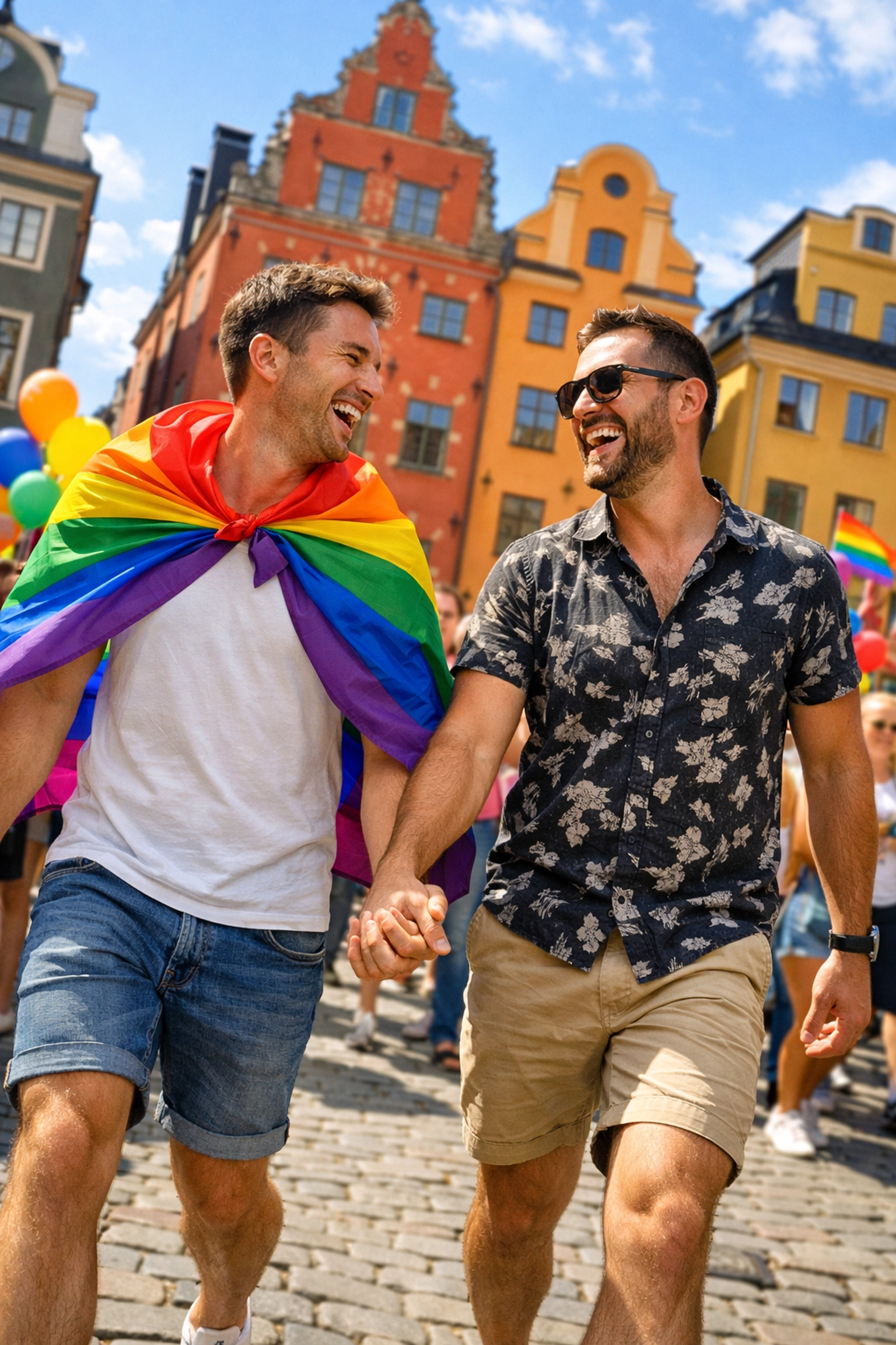 A happy gay couple holding hands during Stockholm Pride, celebrating modern LGBTQ+ life in a scenic Scandinavian city.