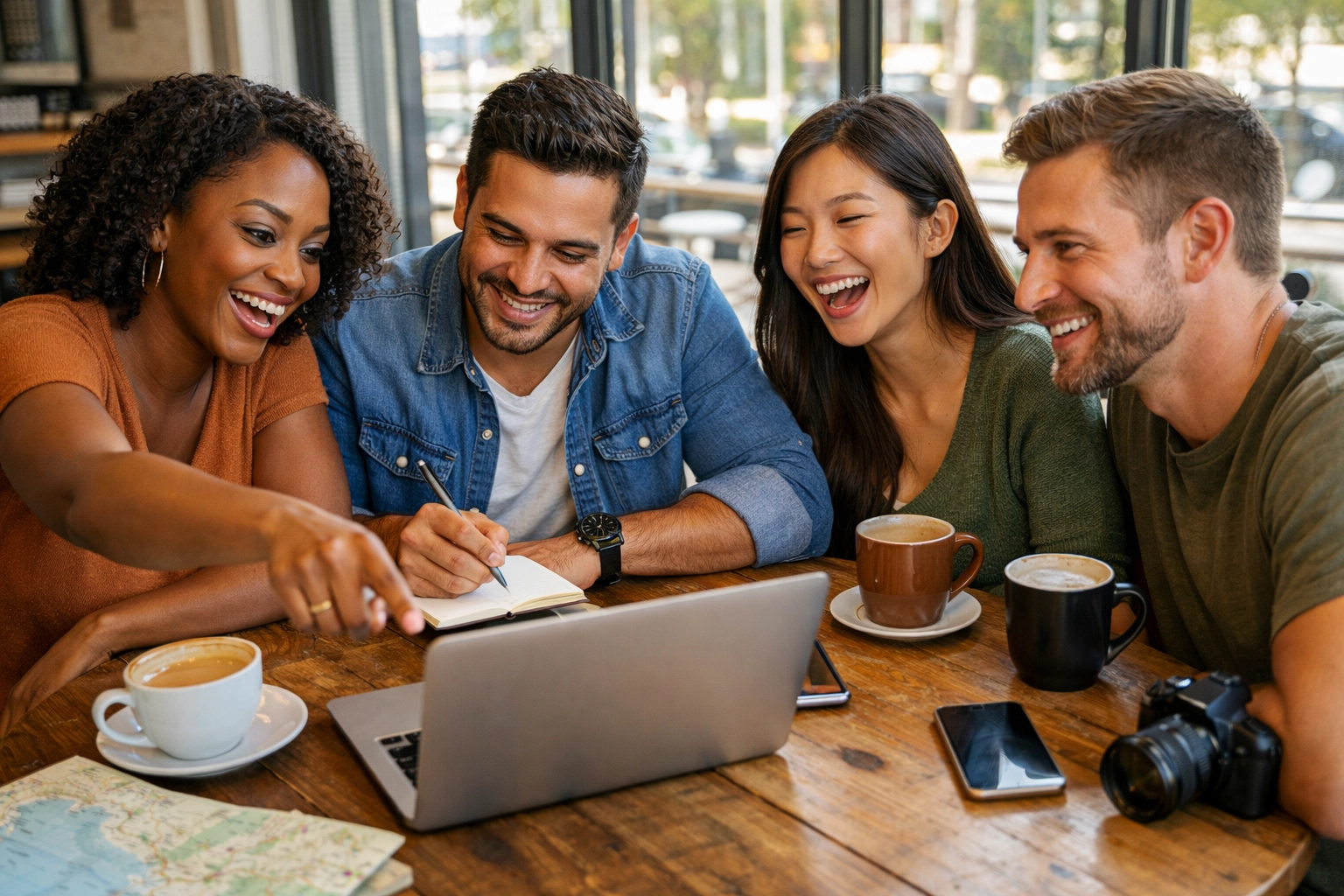 Friends planning group trip budget together at coffee shop with laptop