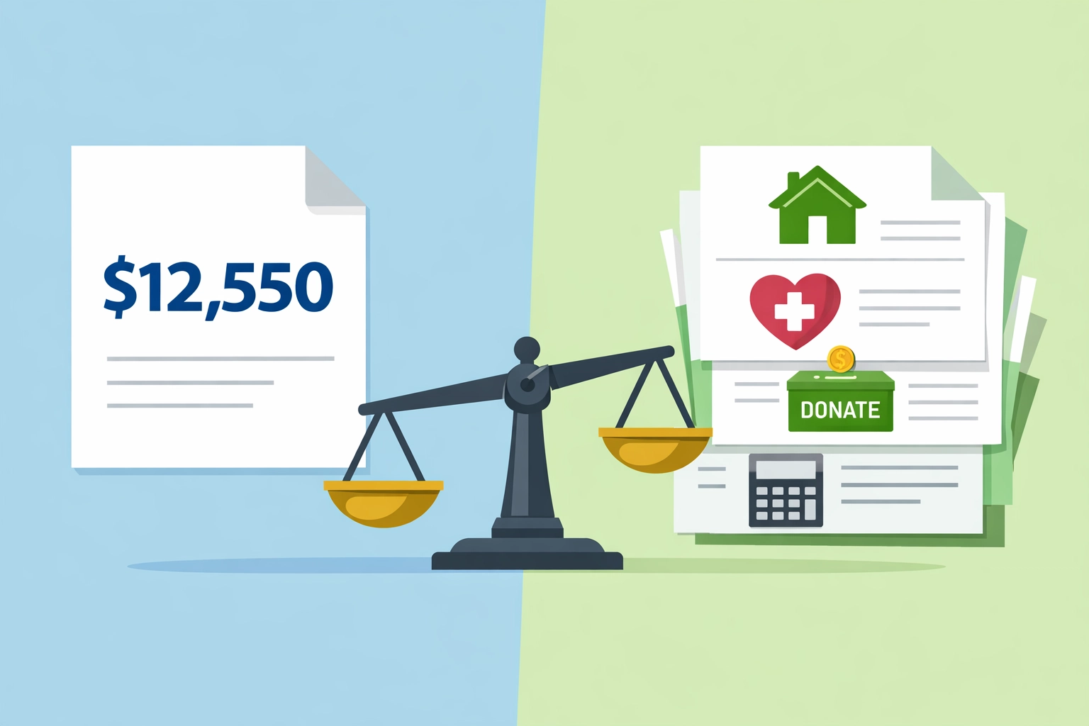 Balance scale comparing standard deduction versus itemized deductions for tax savings